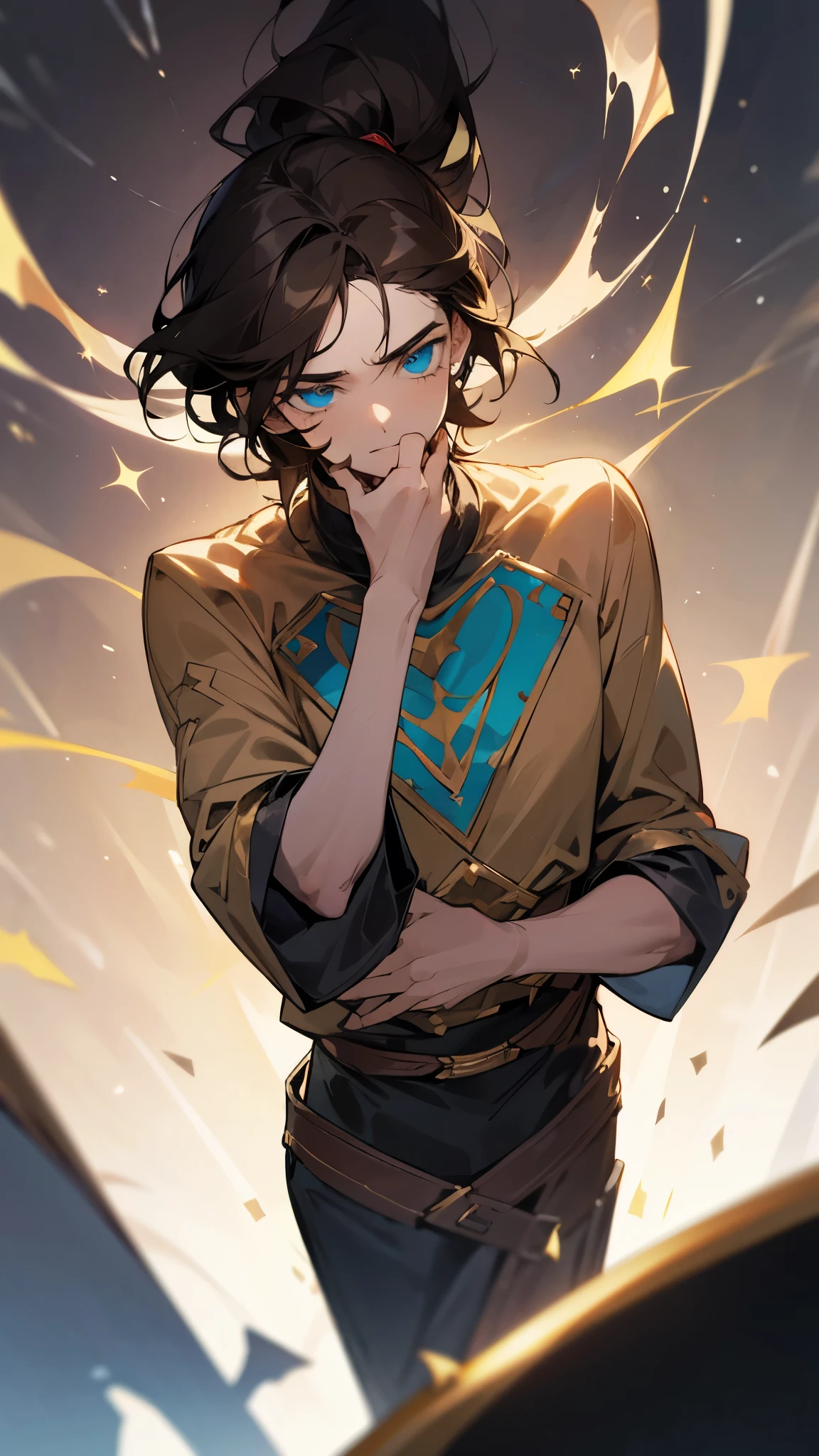 Tall and lean, with unruly dark hair that falls over his forehead. His eyes hold a perpetual glimmer of wonder.