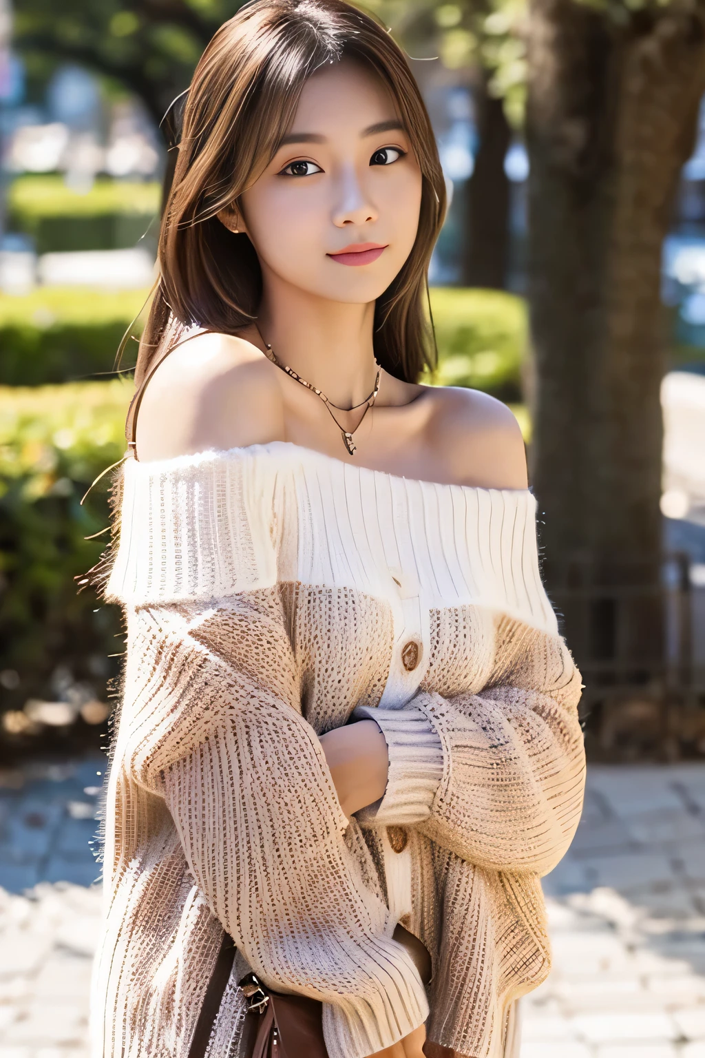 one japanese girl, 19 years old, alone, long hair, Huge , looking at the viewer, chestnut hair, bare shoulders, brown eyes, gem, full body, necklace, off shoulder, white sweater, realistic, Sexy