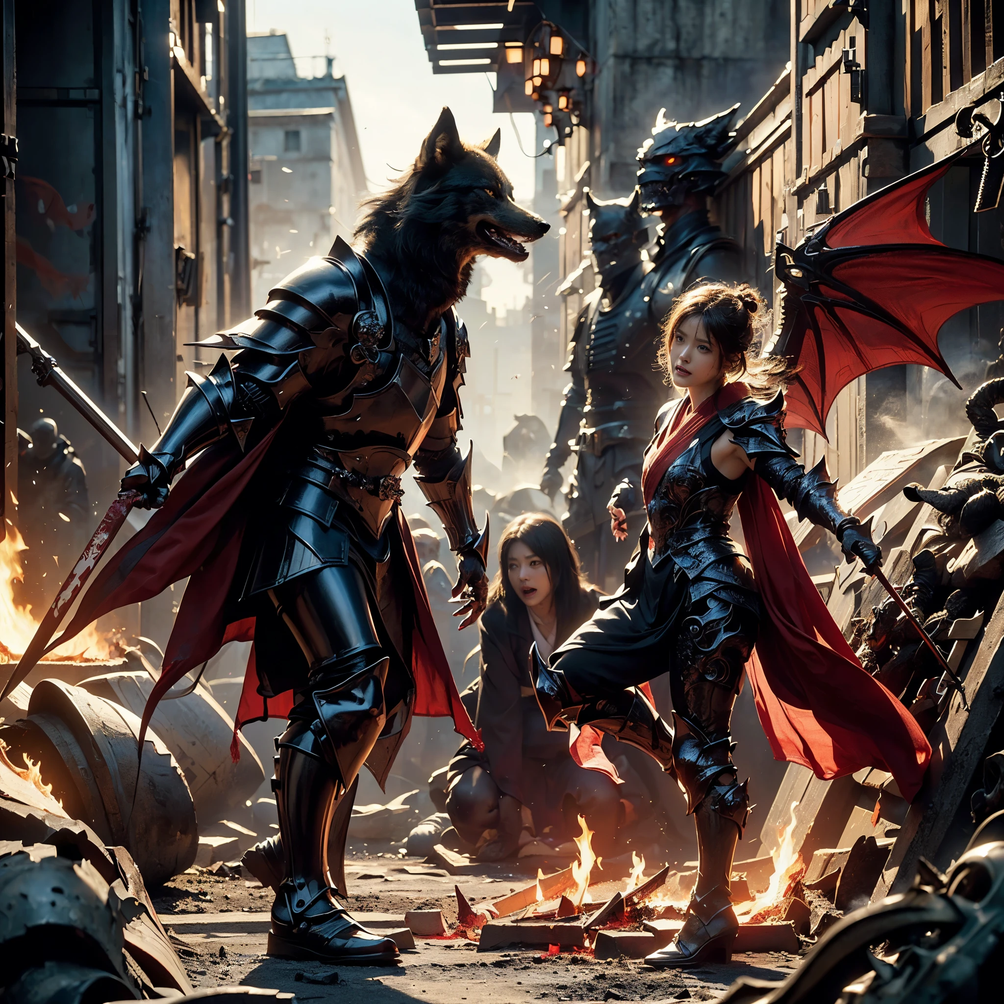 (((Realistic, masterpiece, best quality, crisp detail, high definition, high detail, very rich detail, sharp focus, sharp detail, colorful, rich color, perfect studio lightning))), ((20 years old, beautiful devil, kasumi arimura, evil gothic make up, flying, floating)),(((in the middle of war, epic war scene, attack stance))), wearing (((beautiful decorated black heavy armor, dark dragon armor, decorated full body armor, fully armored beautiful kimono, wide fire diabolos wings))), (flying, holding giant blade, blood scattered face, blood tears, blood bath, blood shed), (((fire everywhere, blood everywhere, death everywhere, japan bakumatsu period, dead bodies,carcass,burned japanese castle, cerberus, three headed wolves, were wolves, hellish,chaos, inferno)) traditional village background, dark atmosphere, bloody night)