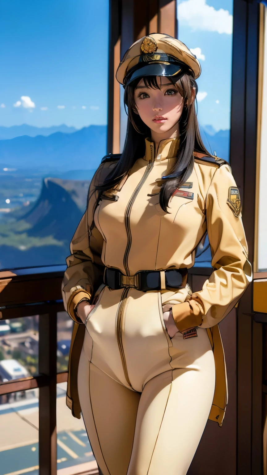 (((masterpiece,best quality,8K,super detailed,High resolution,anime style,Absolutely))),(A female officer of the Earth Federation Army is walking..:1.5),(alone:1.5), (Wearing the Earth Federation Forces:1.5),(Dressed as a federal employee&#39;hat of:1.5),(cute type of girl:1.4),(Detailed facial depiction:1.4),(beautiful hands:1.4),(Hands are very thin:1.2),(wallpaper:1.5),(whole body:1.5),((overlooking:1.5)), ((15 year old Japanese girl, Clothes that fit)), (spaceship interior, There is space outside), (((camel toe)))