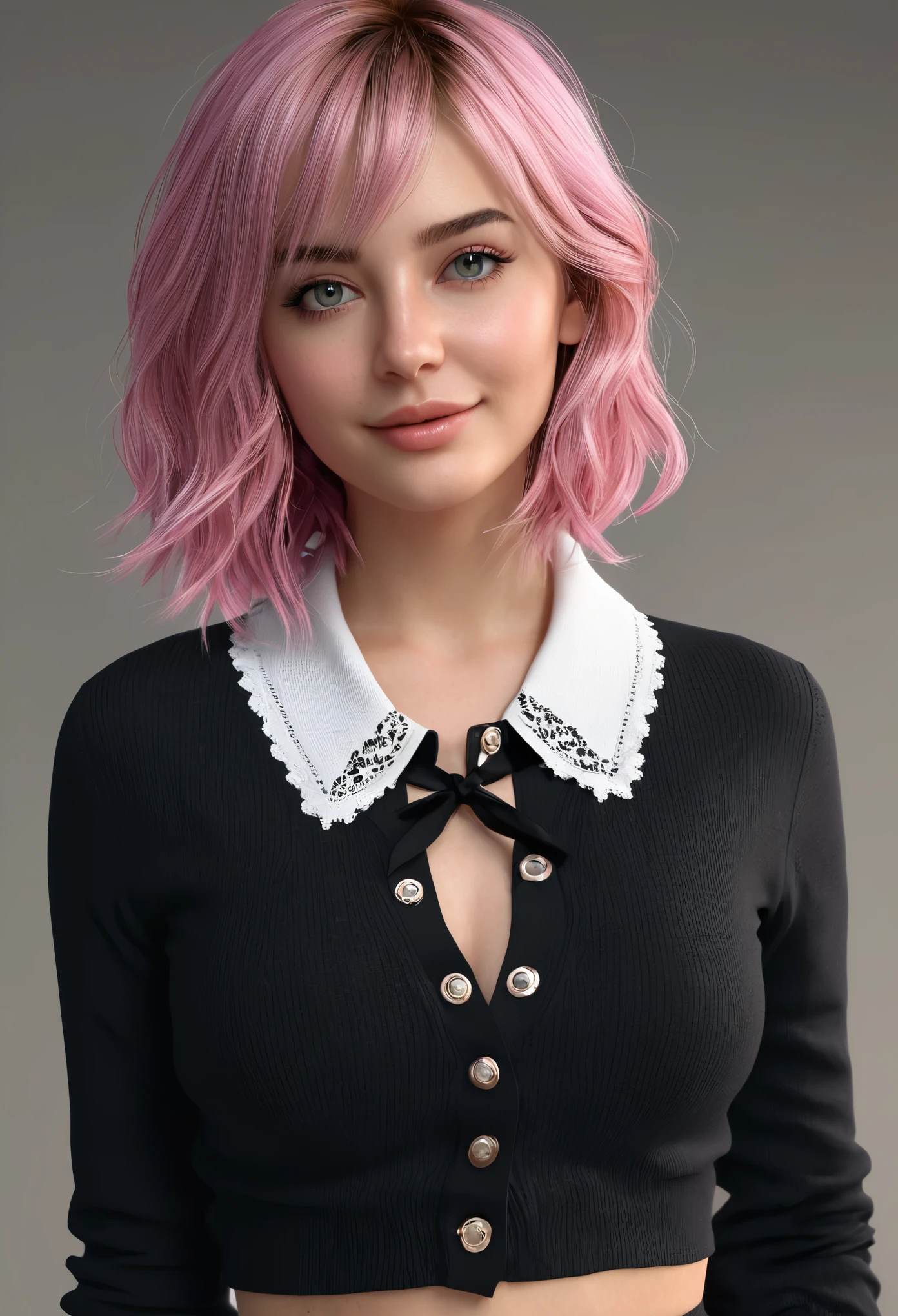 (RAW photo, best quality), (realistic, photo-realistic:1.3), masterpiece, an extremely delicate and beautiful, extremely detailed, CG, unity , 2k wallpaper, Amazing, finely detail, light smile, extremely detailed CG unity 8k wallpaper, huge filesize, ultra-detailed, highres, absurdres, soft light, (((medium hair:1.3), short bang, pink hair, floating hair novafrogstyle)), beautiful detailed girl, detailed fingers, extremely detailed eyes and face, beautiful detailed nose, beautiful detailed eyes, long eyelashes, light on face, looking at viewer, (closed mouth:1.2), 1girl, cute, young, mature face, (full body:1.3), ((small breasts)), realistic face, realistic body, beautiful detailed thigh, business suit, cross-laced clothes, collared shirt, open clothes, in office, detailed office, open cardigan, black thighhighs, miniskirt, black underwear, unbuttoned shirt, pureerosface_v1