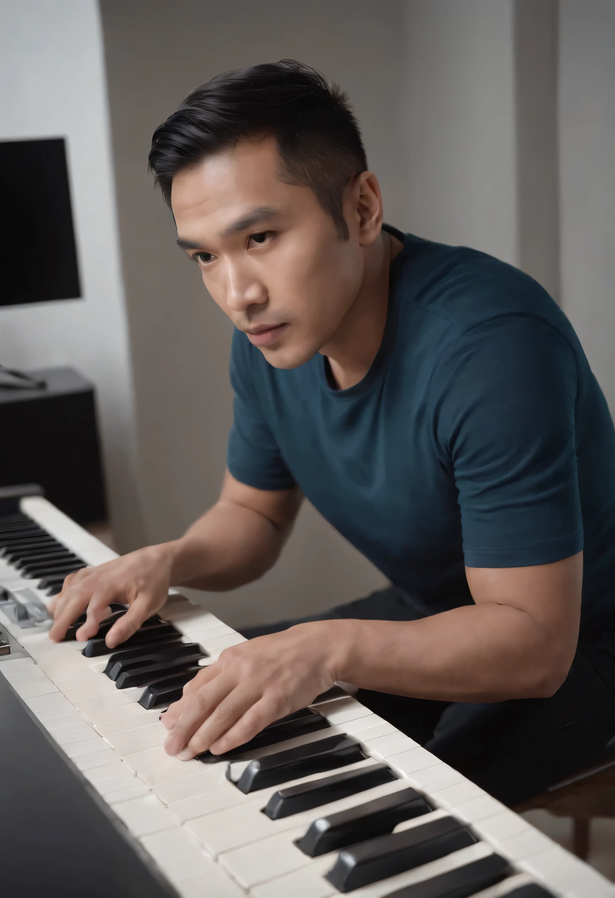 make a picture of a 35 year old Indonesian man, slightly stocky body with a clean white face, neat short hair, wearing a long sleeved blue and black t-shirt that says "YAN AUDIO", with soft hairy hands, very detailed skin, standing straight facing the camera, face looking down down towards the keyboard that is being played with very bright lighting and detail in every corner, with the clear style of playing a Yamaha music keyboard. Fully visible and clear is a Yamaha keyboard being played, in front of a DSLR camera, clearly visible, solid white background, full HD, 16 K