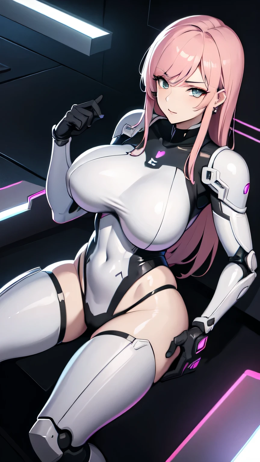 Milf, woman in a futuristic suit, highly detailed face, cool, mom, tomboy, very large breast, (Milf), mature face, (mature female), battlesuit, cybersuit, anime girl wearing tight suit, milfication, Elegant body, navel focus, naked body, gloves, earrings, legs armor, science fiction, female protagonist, standing, volumetric light, detailed lighting, detailed textures, oppai cyberpunk, biomechanical oppai, masterpiece, best quality eyes, sci-fi background, futuristic landscape,pink long hair