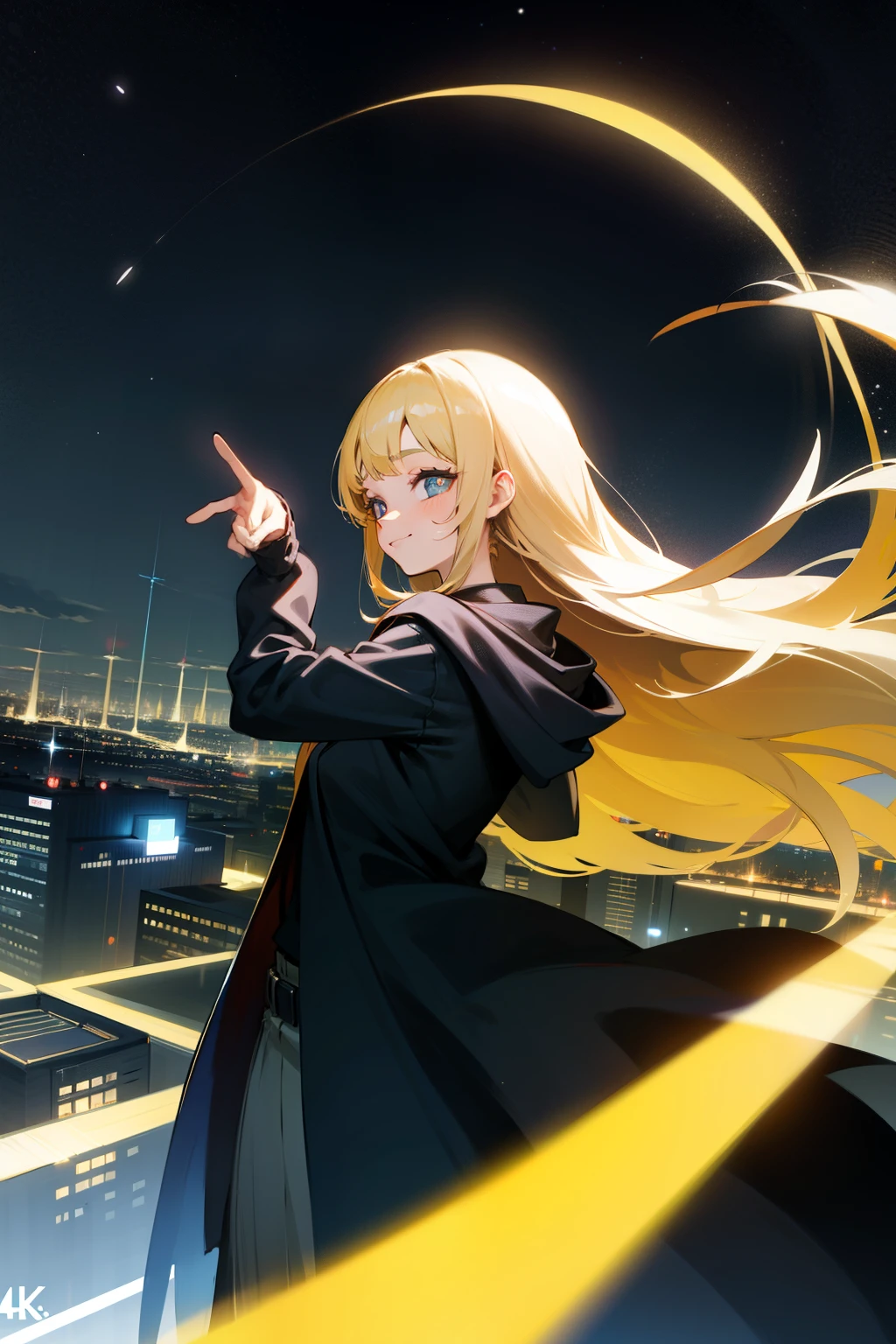 ((masterpeace)), ((high quality)), (((4k))), a girl, huge bast, blonde hair, long hair, Having big round eyes, like anime girls face, smiling, beautiful fingers, fair skin, clear indigo eyes that seem to expand the universe in her pupils, wearing large black hooded coat, doing cute pose, flying on beatfuly nweyork sky, dark andａfew light in back grownd, midnight, beautiful night view of a big city