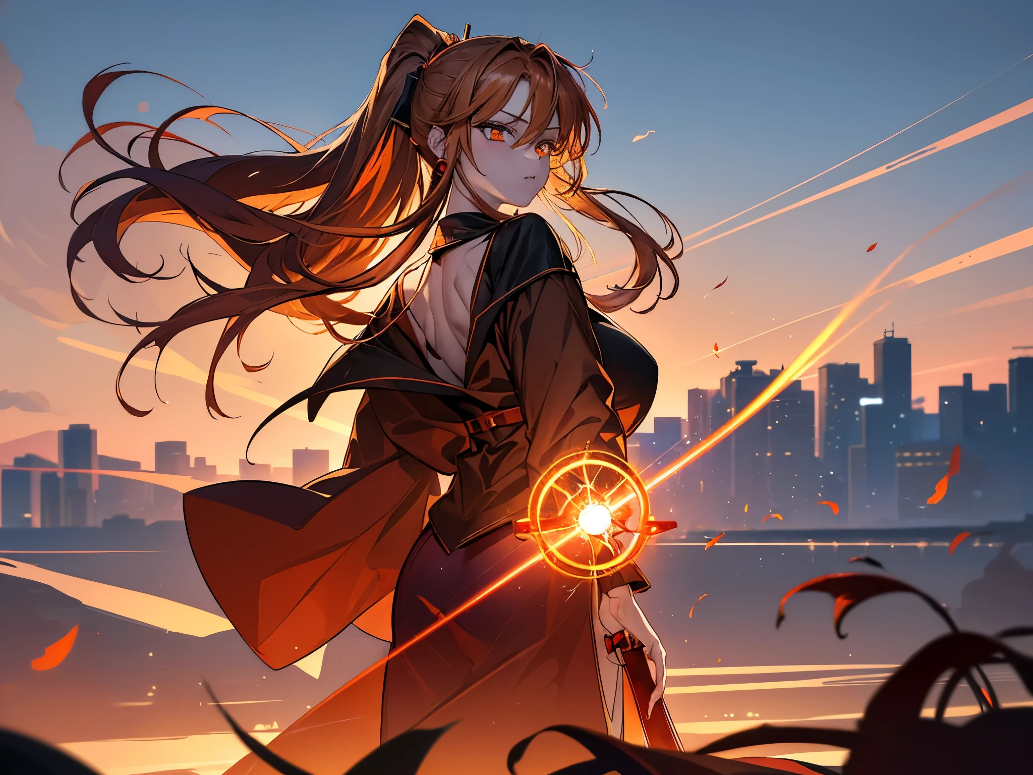a 16 years old girl, (blonde hair gradient orange hair end:1.4), (streaked bright red hair:1.6), split long ponytail, hair strand, floating hair, (two huge red bells tied to ponytail), (Illusion red eyes), pupils sparkling, aqua eyes, ((glowing eyes)), like real eyes, orange red eyebrows, red lips, red crystal earrings, red envelope jacket, Red nails, (Red katana), (((floating flame on katana))), (absurdly super huge flame burning ring stand upright floating on the back:1.5), (((Floating in the sky of the city))), (((Floating on the clouds))), Random pose, magic circle halo, Colored grain swirl around the body, burning flame around the body, Focus on face, Futurism, anime, sparkle, ray tracing, reflection light, god rays, backlighting, (glowing light), Ultra-Wide Angle, chiaroscuro, UHD, masterpiece, super detail, best quality, highres, ccurate, retina
