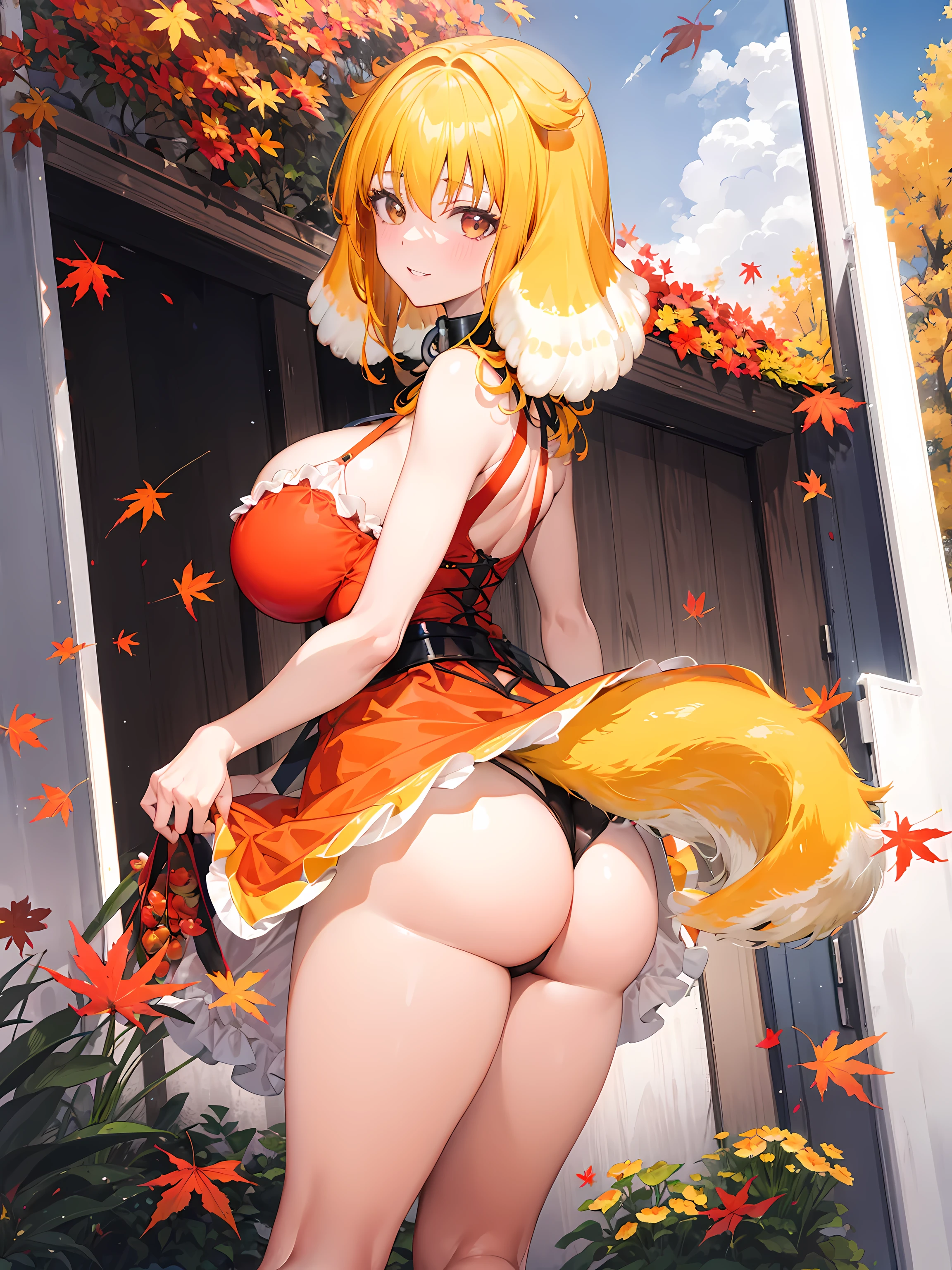 masterpiece, best quality, roxanne, dog ears, collar, sundress, looking at viewer, garden, autumn, sunset, large breasts, ass, smile edgYSD, woman wearing a yellow sundress, very voluminous lengthy dog tail, dog tail starts above butt, dog tail starts from skin, dog tail goes above dress
