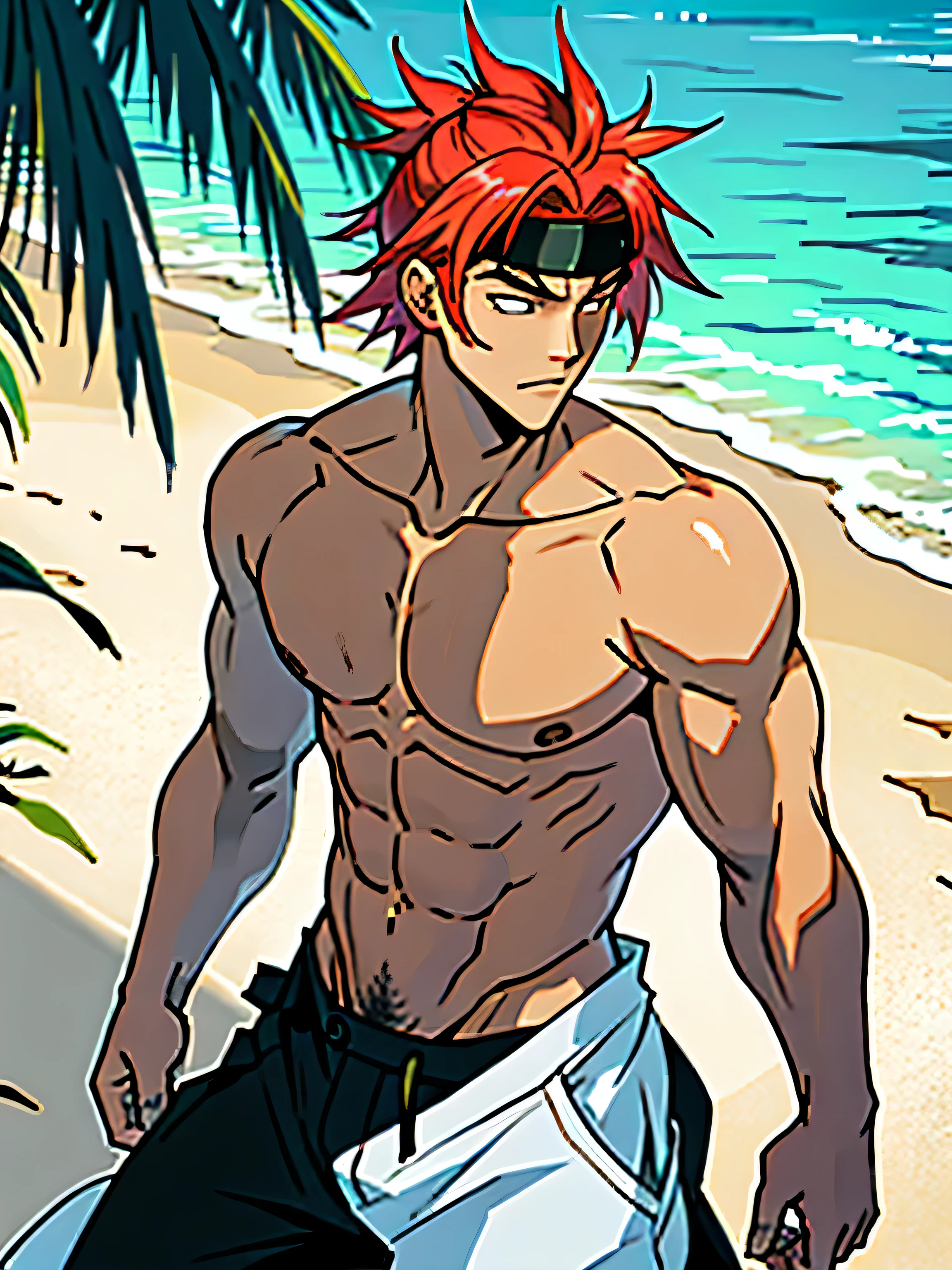 Anime man,muscular,beach background,handsome,high quality,mature