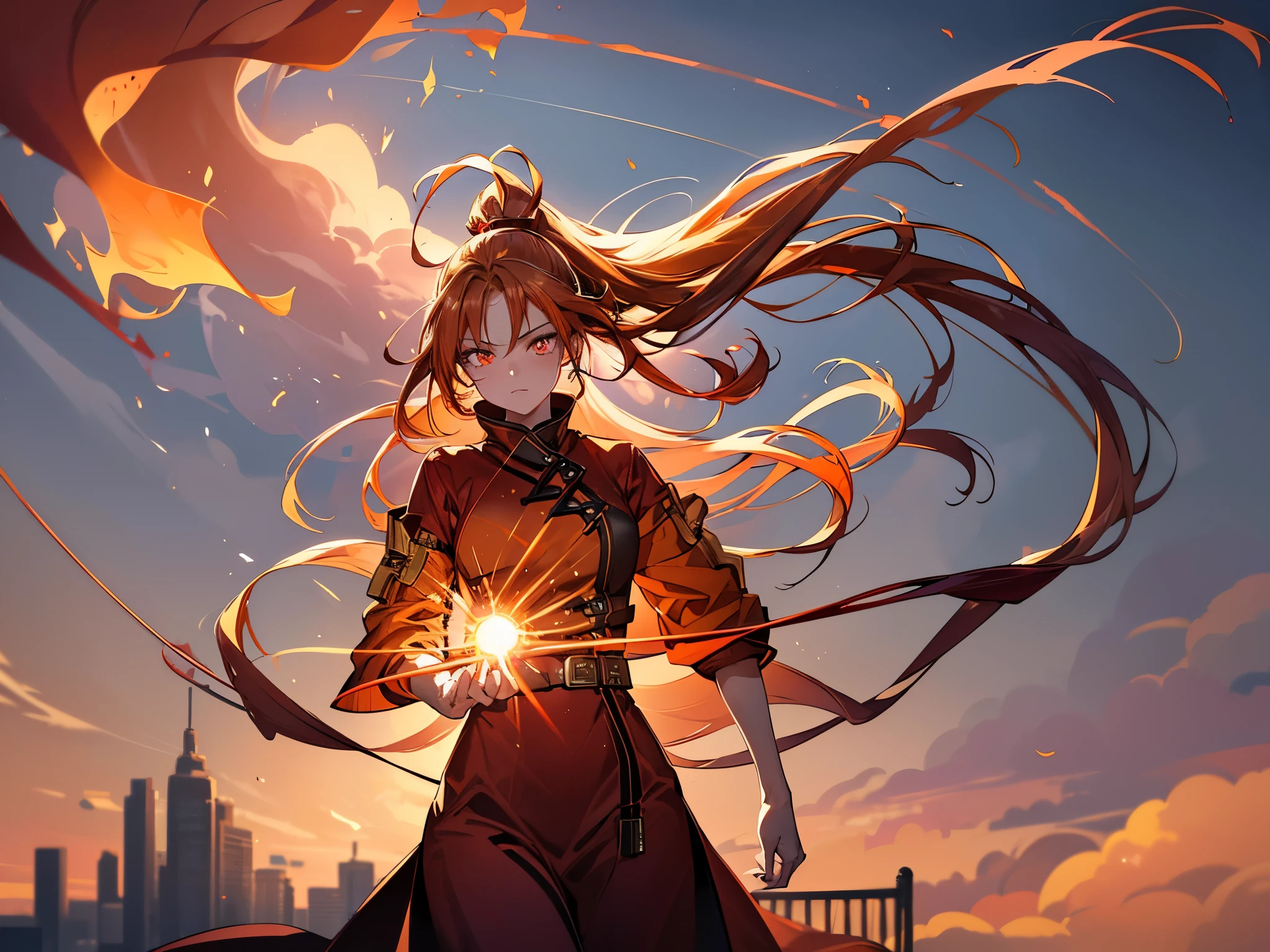 a 16 years old girl, (blonde hair gradient orange hair end:1.4), (streaked bright red hair:1.6), split long ponytail, hair strand, floating hair, (two huge red bells tied to ponytail), (Illusion red eyes), pupils sparkling, aqua eyes, ((glowing eyes)), like real eyes, orange red eyebrows, red lips, red crystal earrings, red envelope jacket, Red nails, (Red katana), (((floating flame on katana))), (absurdly super huge flame burning ring stand upright floating on the back:1.5), (((Floating in the sky of the city))), (((Floating on the clouds))), Random pose, magic circle halo, Colored grain swirl around the body, burning flame around the body, Focus on face, Futurism, anime, sparkle, ray tracing, reflection light, god rays, backlighting, (glowing light), Ultra-Wide Angle, chiaroscuro, UHD, masterpiece, super detail, best quality, highres, ccurate, retina
