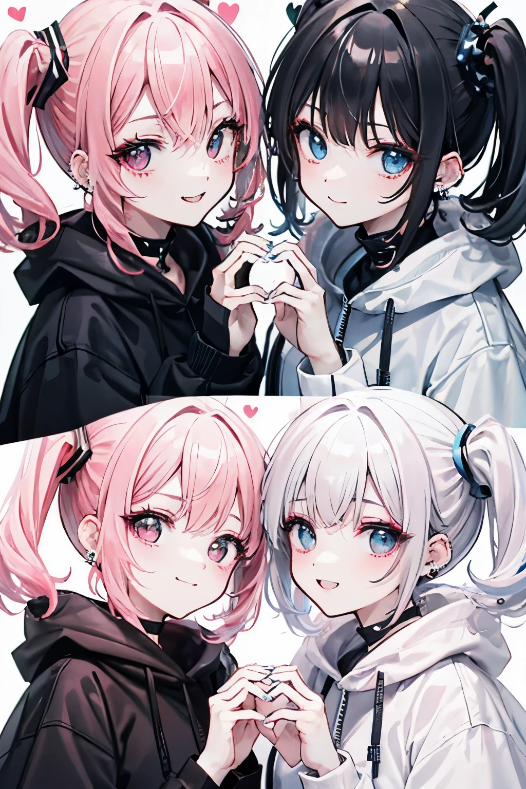 Female Duo、Purikura Machine、make a heart with your hands（With a smile）cute、pink hair、
Black hair with light blue tips、white hoodie、Red Makeup、black makeup、Piercing High Definition、highest quality、perfect face、perfect hands、nail
