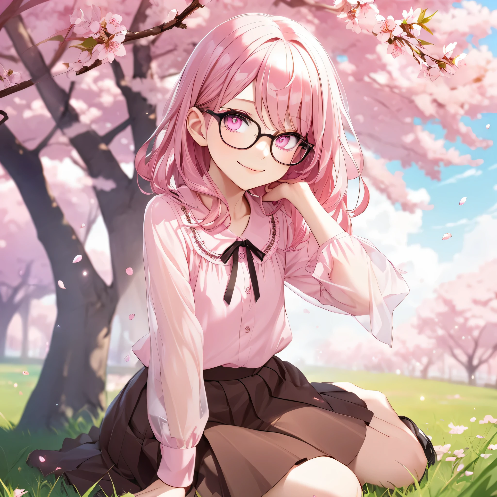 1boy,beautiful cherry hair, translucent hair, beautiful cherry eyes, glowing eyes, cherry smile, glasses, pink blouse, brown skirt, cherry tree, otoko no ko,(flat chest)