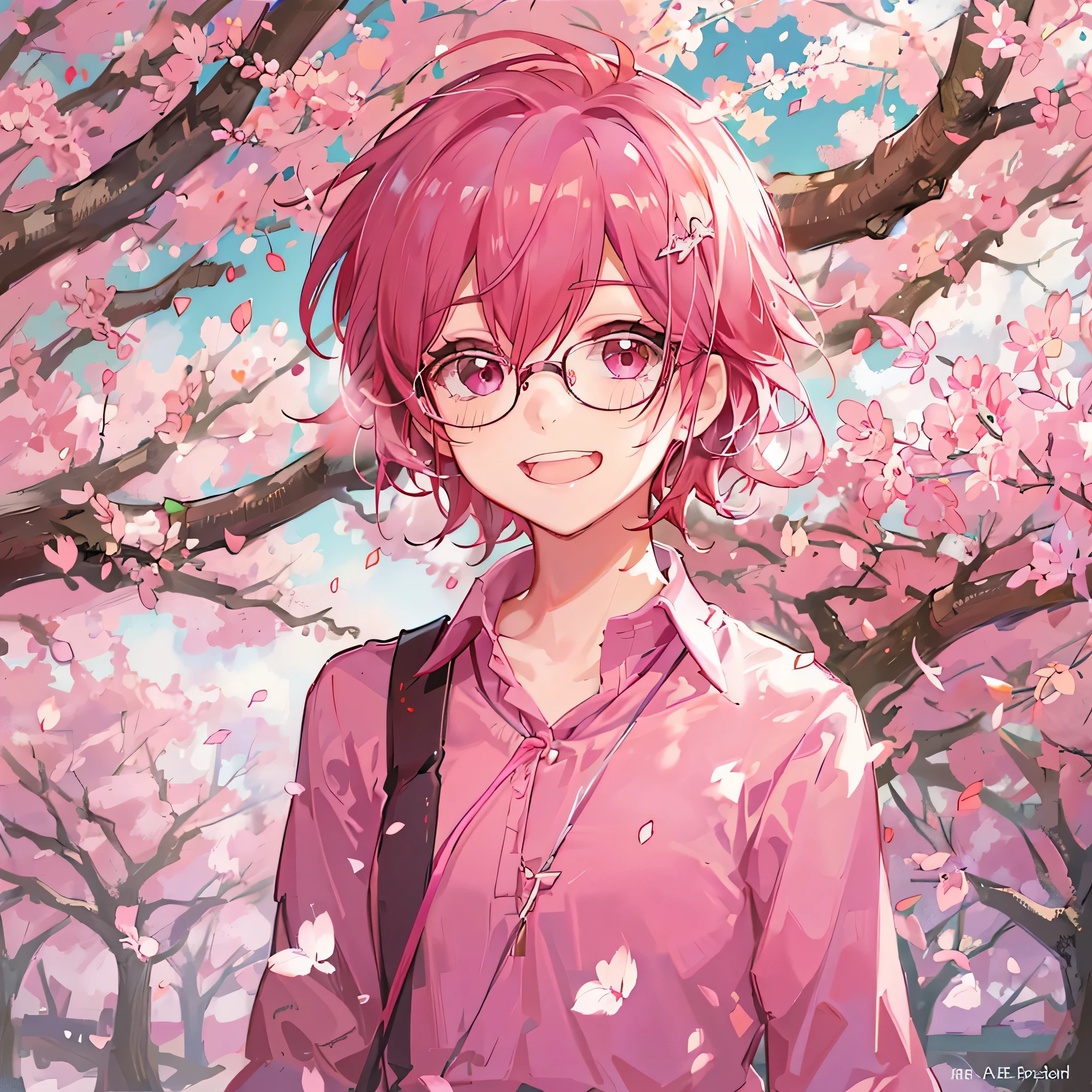 1boy,beautiful cherry hair, translucent hair, beautiful cherry eyes, glowing eyes, cherry smile, glasses, pink blouse, brown skirt, cherry tree, otoko no ko,(flat chest)