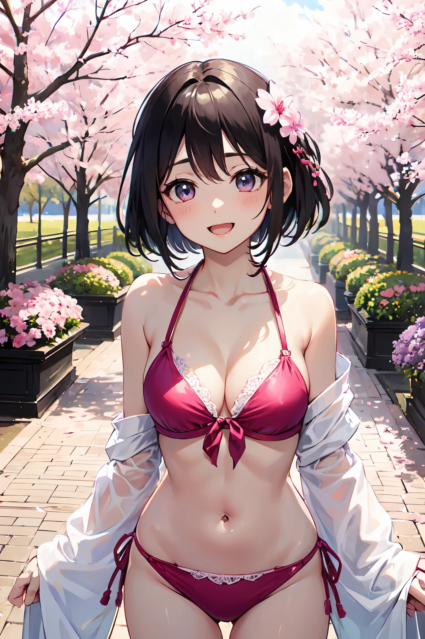 highest quality、very delicate and beautiful、japanese hair、Gravure idol pose、pink bikini、20&#39;s、 Are standing、laughter、facing the front、cherry blossoms in the background