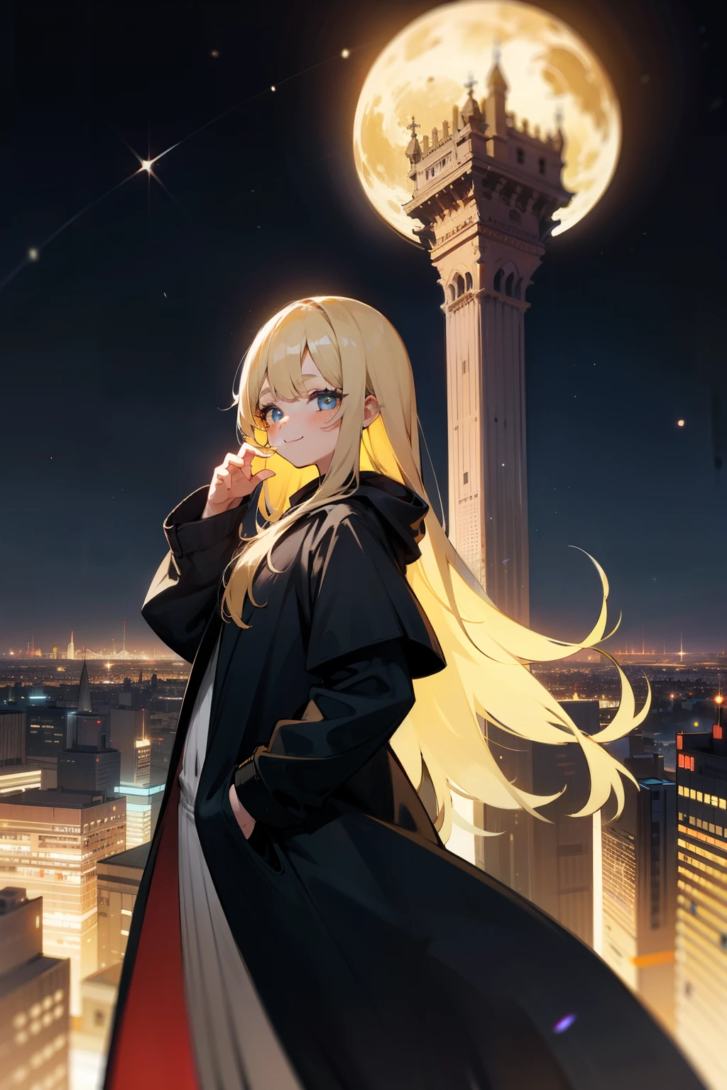 ((masterpeace)), ((high quality)), (((4k))), a girl, huge bast, blonde hair, long hair, Having big round eyes, like anime girls face, smiling, beautiful fingers, fair skin, clear indigo eyes that seem to expand the universe in her pupils, wearing large black hooded coat, doing cute pose, flying on beatfuly nweyork sky, dark andａfew light in back grownd, midnight, beautiful night view of a big city