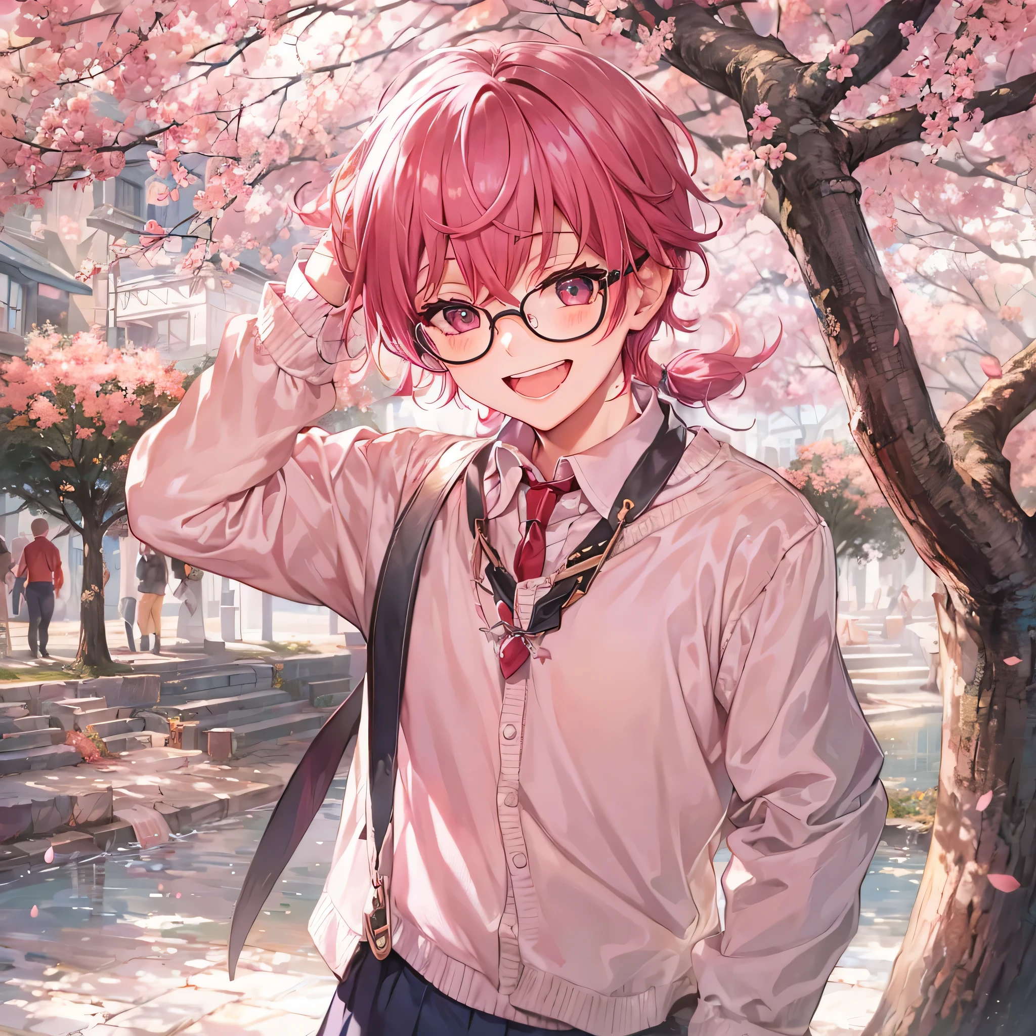 1boy,beautiful cherry hair, translucent hair, beautiful cherry eyes, glowing eyes, cherry smile, glasses, pink blouse, brown skirt, cherry tree, otoko no ko,(flat chest)
