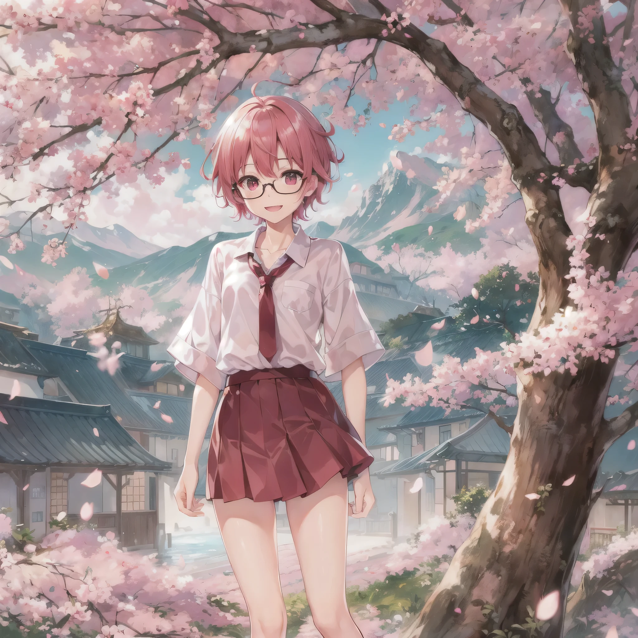 1boy,beautiful cherry hair, translucent hair, beautiful cherry eyes, glowing eyes, cherry smile, glasses, pink blouse, brown skirt, cherry tree, ((otoko no ko),(flat chest))