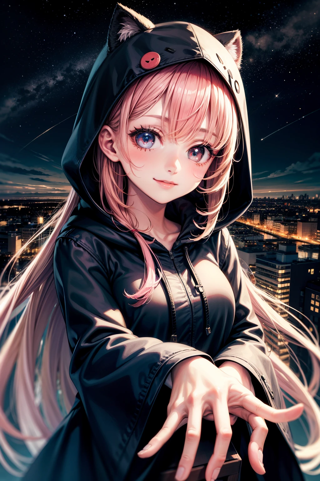 ((masterpeace)), ((high quality)), (((4k))), a girl, huge bast, fluffy pink hair, long hair, Having big round eyes, like anime girls face, smiling, beautiful fingers, fair skin, clear indigo eyes that seem to expand the universe in her pupils, wearing large black hooded coat, doing cute pose, flying on beatfuly nweyork sky, dark andafew light in back grownd, midnight, beautiful night view of a big city