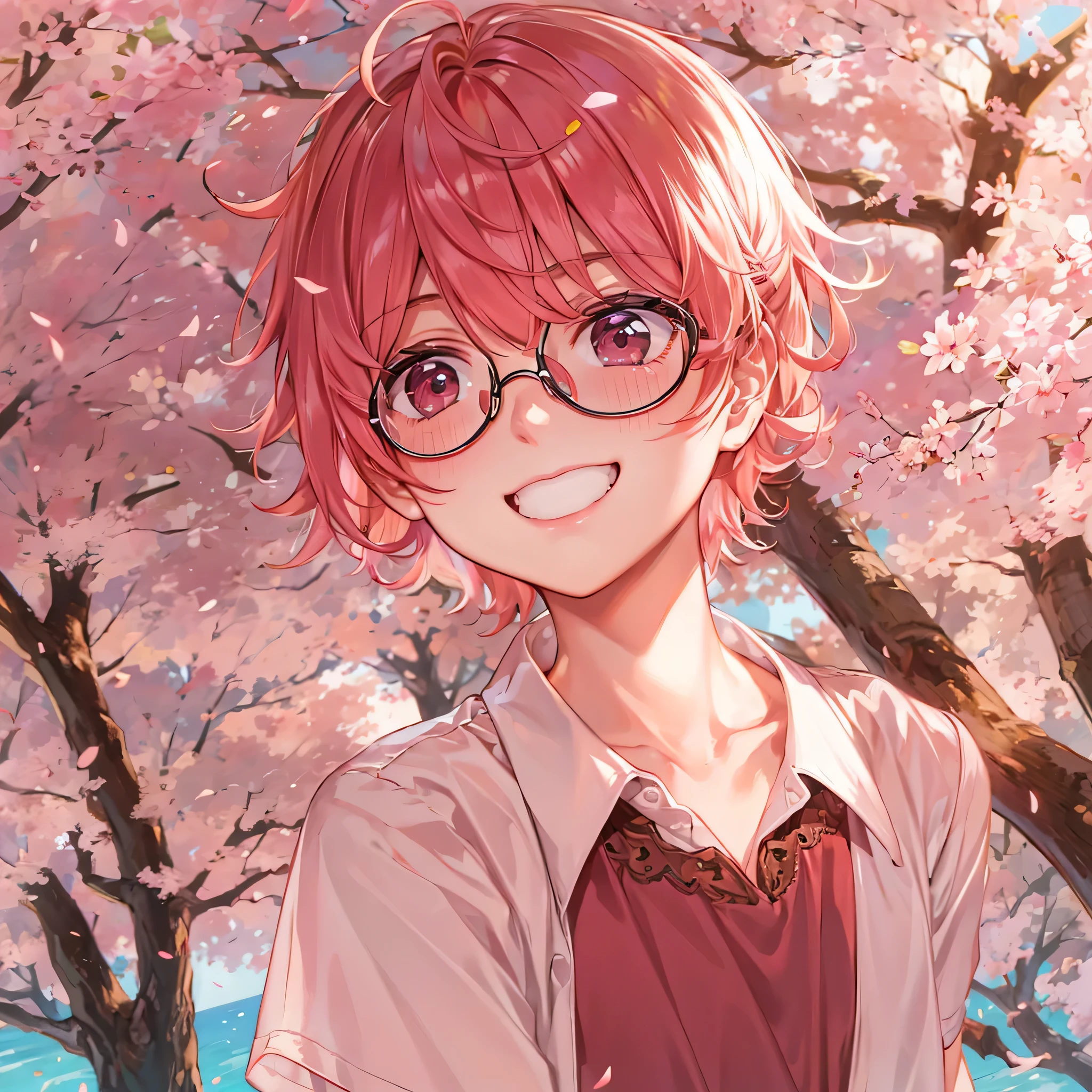 1boy,beautiful cherry hair, translucent hair, beautiful cherry eyes, glowing eyes, cherry smile, glasses, pink blouse, brown skirt, cherry tree, ((otoko no ko),(flat chest))