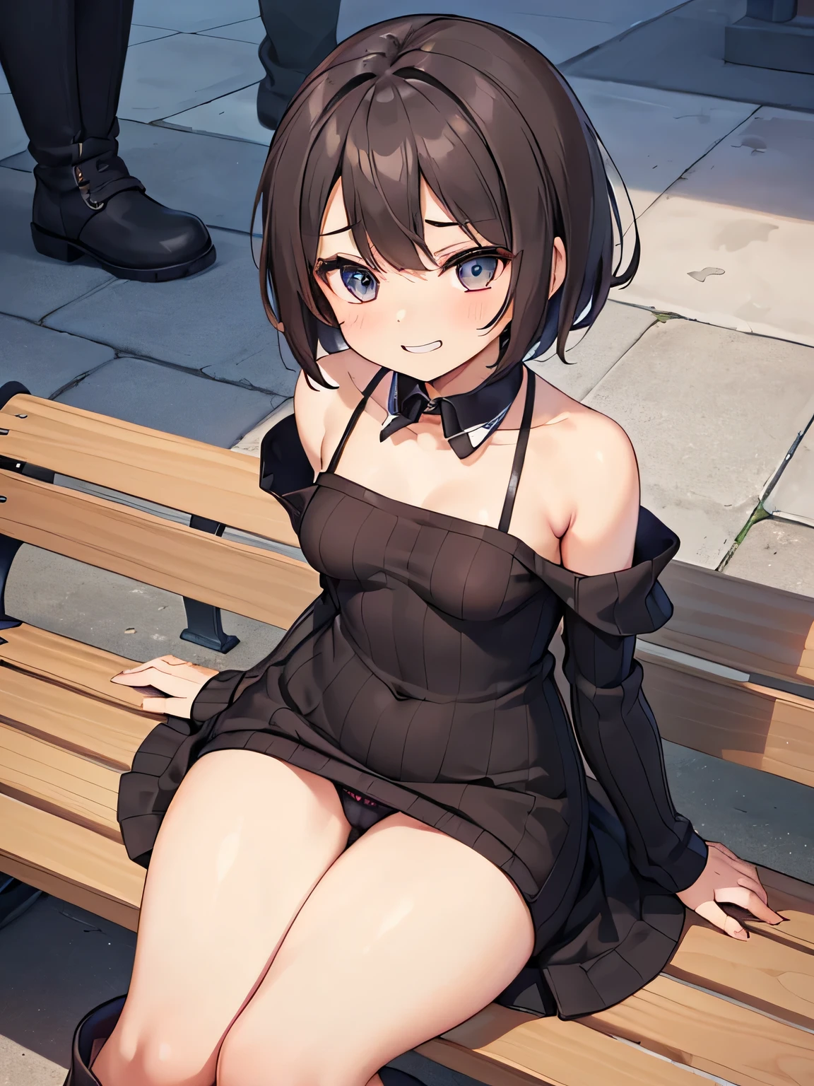 (masterpiece、highest quality、High resolution、realistic pictures、real looking skin:1.1)、 (A woman sits with her thighs closed on a bench in a shopping mall:1.8)、 (The length of the dress is so short that you can almost see her panties.:1.8)、 (looking at her from a slightly higher perspective:1.8)、 (A provocative and grinning expression:1.8)、 (She is wearing a mini dress with a black collar.:1.8)、(The one-piece knit is ribbed to show the lines of your body.:1.8)、(I&#39;m wearing black middle boots:1.8)、 (The panties are red and have a pattern.:1.5)、 (brown short hair:1.5)、 (small face:1.5)、 (she is 22 years old:1.5)、 (She has D cup breasts:1.5)、 (The place is a bench in a shopping mall.:1.5)、 1 Japanese girl、solo、full body esbian、beautiful eyes、shining eyes、Shining thighs、NSFW