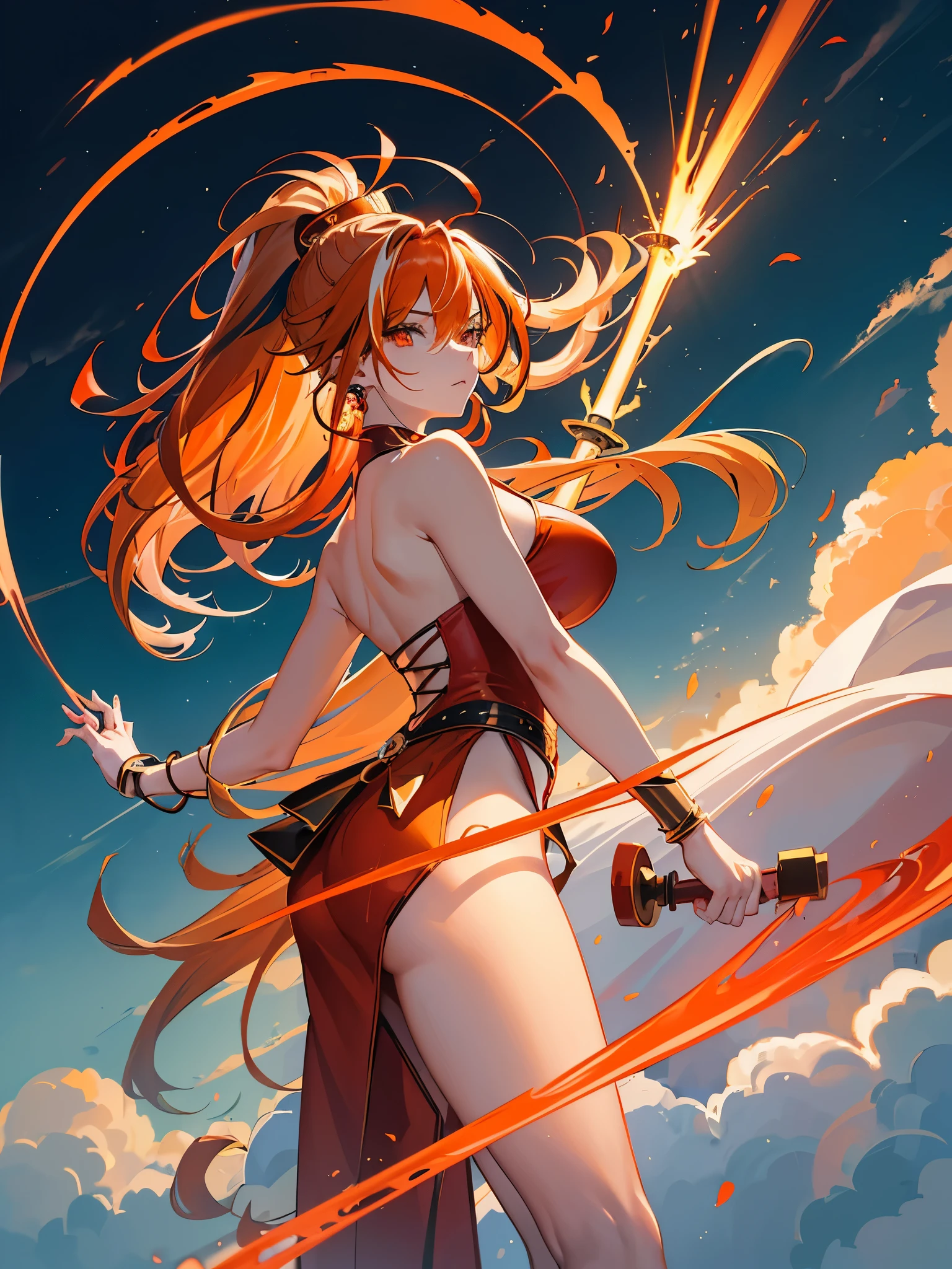 a girl, (blonde hair gradient orange hair end:1.4), (streaked bright red hair:1.6), split long ponytail, hair strand, floating hair, (two huge red bells tied to ponytail), (Illusion red eyes), pupils sparkling, aqua eyes, ((glowing eyes)), like real eyes, orange red eyebrows, red lips, red crystal earrings, red envelope jacket, Red nails, (Red katana), (((floating flame on katana))), (absurdly super huge flame burning ring stand upright floating on the back:1.5), (((Floating in the sky of the city))), (((Floating on the clouds))), Random pose, magic circle halo, Colored grain swirl around the body, burning flame around the body, Focus on face, Futurism, anime, sparkle, ray tracing, reflection light, god rays, backlighting, (glowing light), Ultra-Wide Angle, chiaroscuro, UHD, masterpiece, super detail, best quality, highres, ccurate, retina