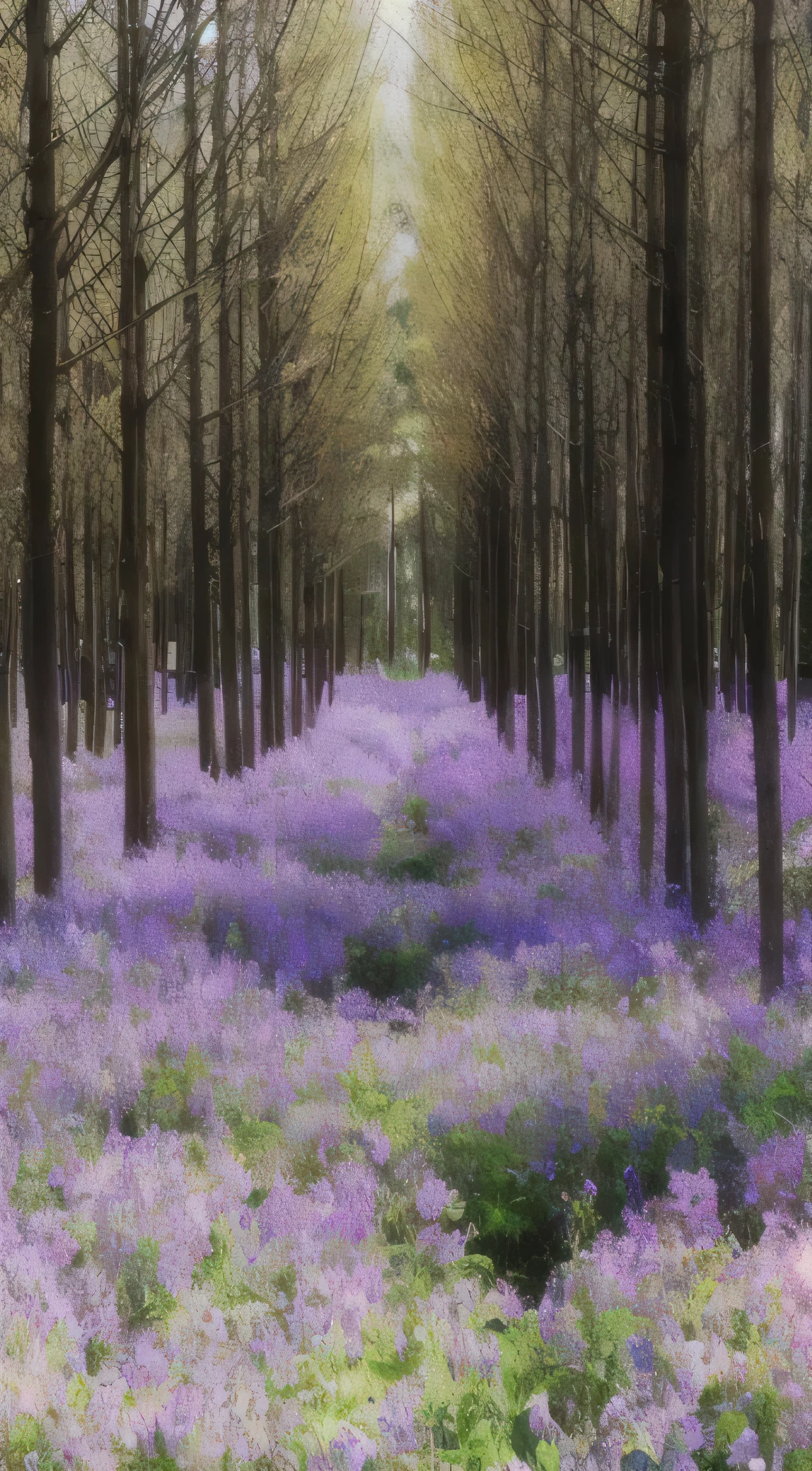 There is a large field of purple flowers in a forest with trees, purple flower tree, long violet and green trees, Indigo Forest in Japan, blue forest with flowers, beautiful forest, Dense forests in Japan, Purple tree, Flowers and trees, beautiful forests and trees, Trees and flowers, really beautiful forest, peaceful lush forest, In the outside world Forrest Gump, In a peaceful forest setting