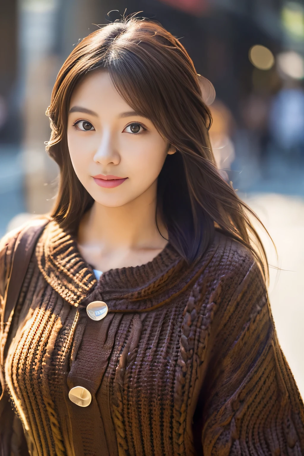 masterpiece, highest quality, Photoreal, Super detailed, finely, High resolution, 8k wallpaper, Professional, Advanced level of detail, ((College girl posing in the city:1.2)), slender Japanese woman,, detailed clavicle, Medium chest、perfect face, (Front facing:1.2)、medium long hair, chestnut hair、(A snug-fitting sweater that emphasizes your chest:1.5)、cute face、(looking straight ahead:1.5)、(brown skin:1.5)