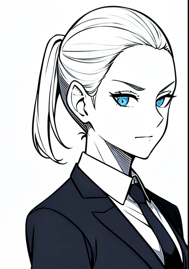 One Young Adult female, pale blonde slicked back into a short ponytail with a single bang on the left hand side, steel blue eyes, light and carefree expression, wearing black suit jacket and tie, portrait style, facing forwards