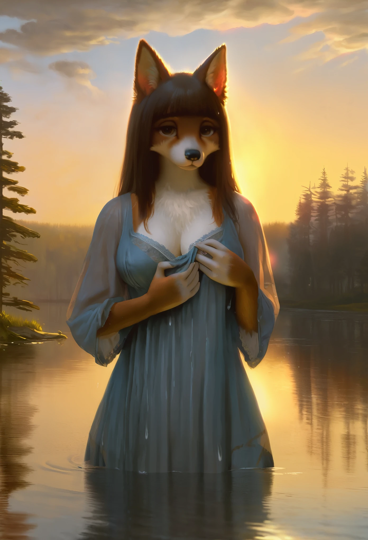 High-quality illustrations by John William Waterhouse, by Johannes Vermeer, masterpiece, top quality, best quality, detailed background, lake, dawn, detailed forest, clouds, cinematic, soft light, depth of field, ray tracing, reflection in water, Mysterious and romantic atmosphere, caustics surface(reflecting, refraction, polarization:1.2)(highly detailed beautiful face and eyes)absurdres, perfect anatomy(cute 1girl, single:1.4, kemono, solo focus, female)volumetric lighting, breast visible, Areola see-through, Milk protruding, Half-undressed, Wet clothes, Sheer clothing, Very sheer, Water droplets, See-through, Embarrassing, Show off, Cleavage(furry anthro:1.7)(Furry body, dog facial features, dog body features)(very detailed body fur)full body, soft and delicate color palette, dramatic composition,