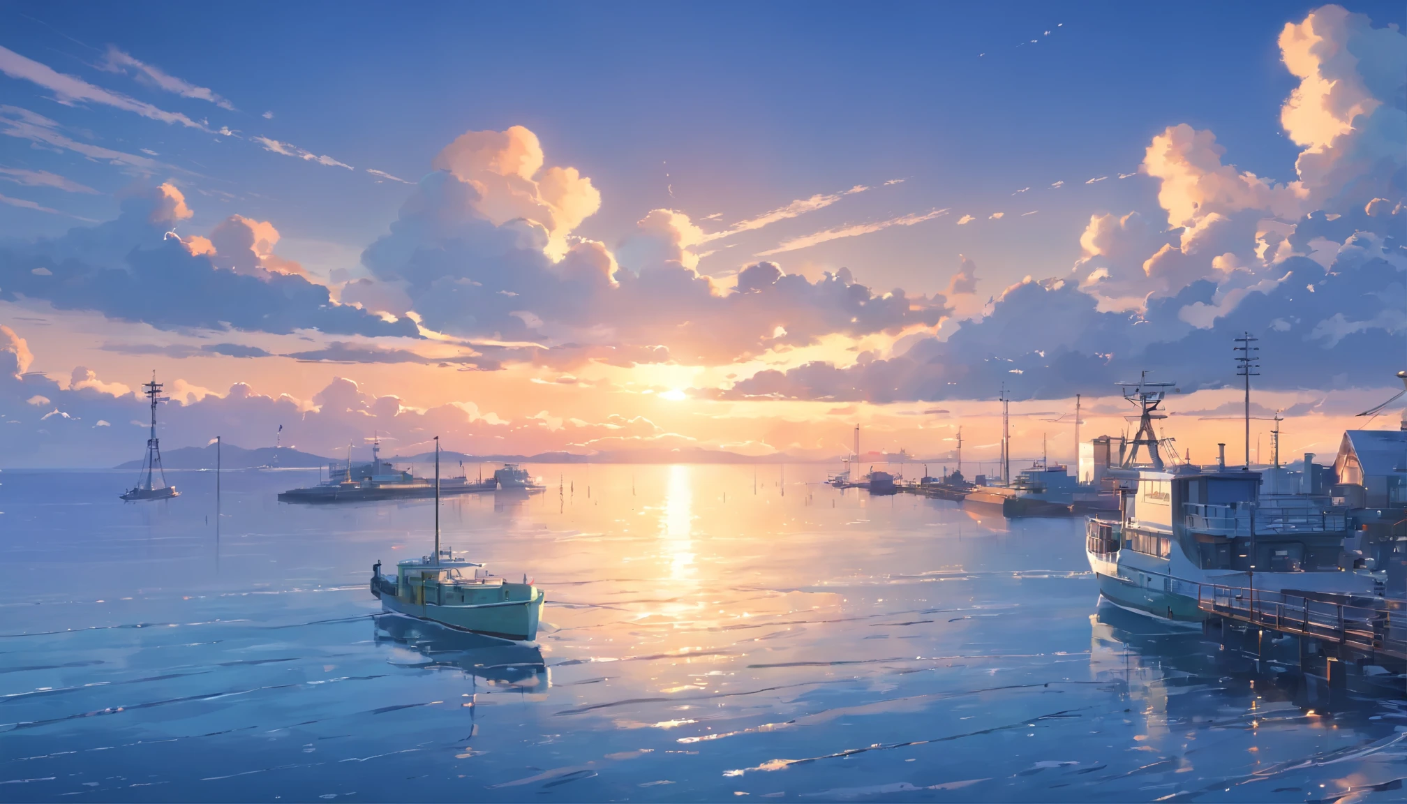 masterpiece、highest quality、Movie Steel southern winter With background cloudy evening Cloudy calm sea Breakwater cloud Temporary by boat grey