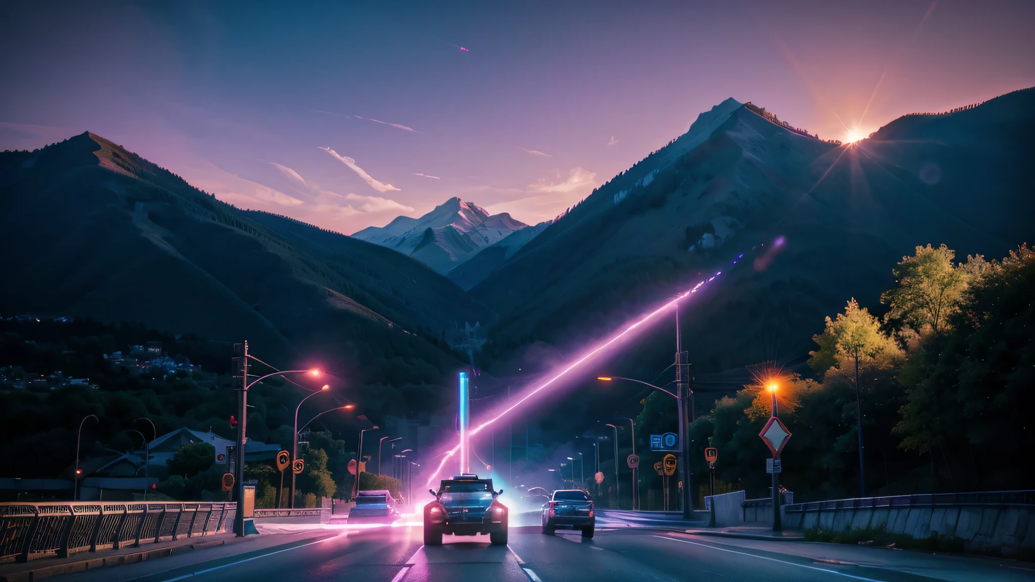 wallpaper, retro wave. city, transformers robot, road, purple neon light, sun, Mountain, (artwork, be familiar with, High resolution),