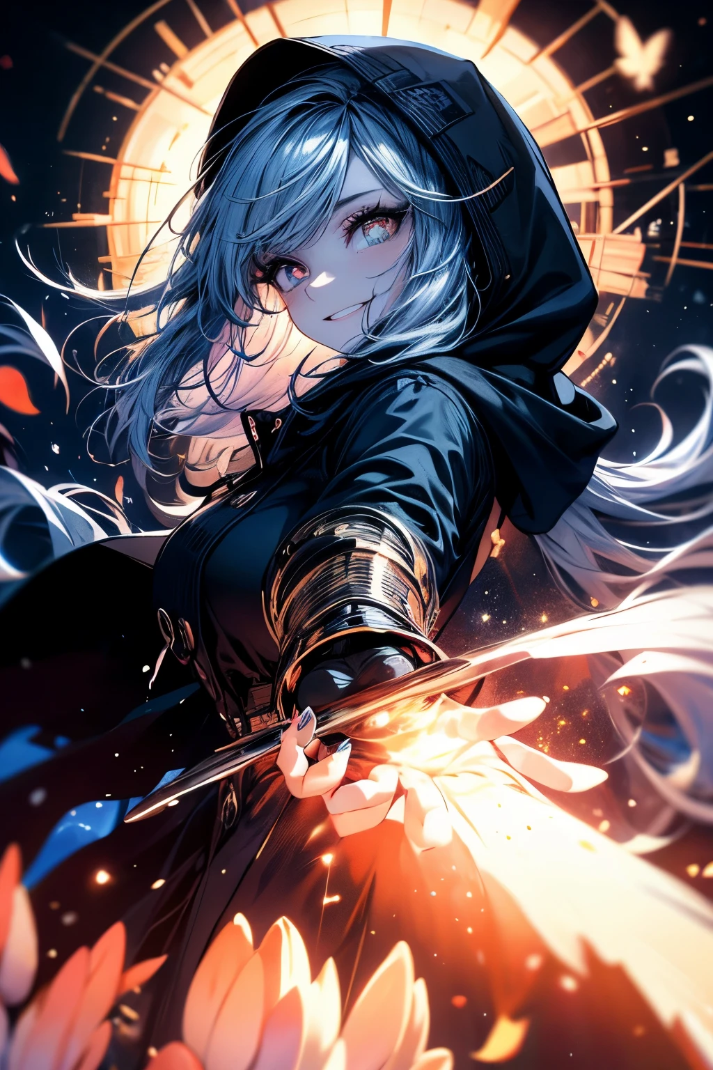 ((masterpeace)), ((high quality)), (((4k))), a girl, huge bast, fluffy pink hair, long hair, Having big round eyes, like anime girls face, smiling, beautiful fingers, fair skin, clear indigo eyes that seem to expand the universe in her pupils, wearing large black hooded coat, doing cute pose, She turns her palm toward us, as if inviting someone to join her, flying on beatfuly nweyork sky, dark andａfew light in back grownd, midnight, beautiful night view of a big city