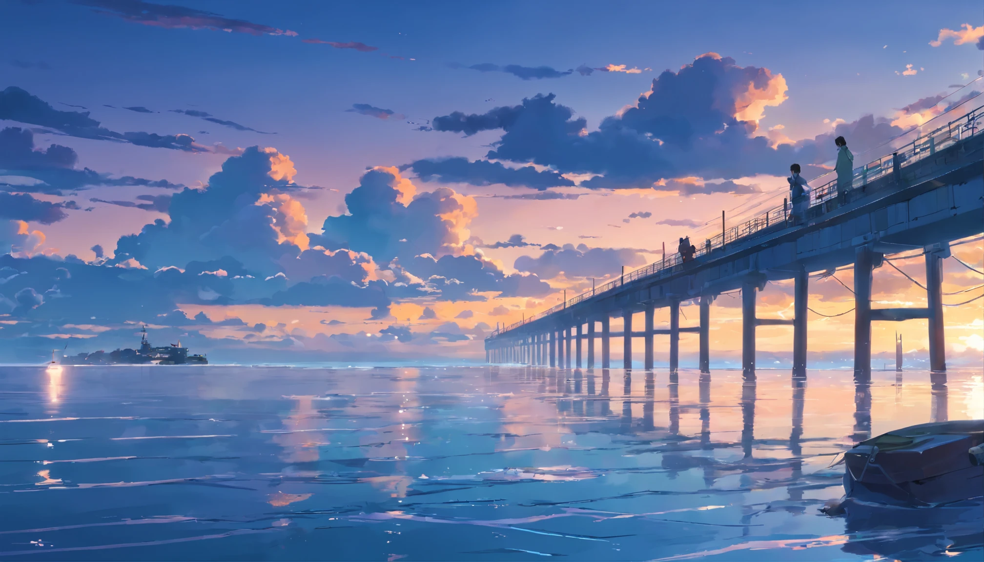 masterpiece、highest quality、Movie Steel southern winter With background cloudy evening Cloudy calm sea Breakwater cloud Temporary by boat grey