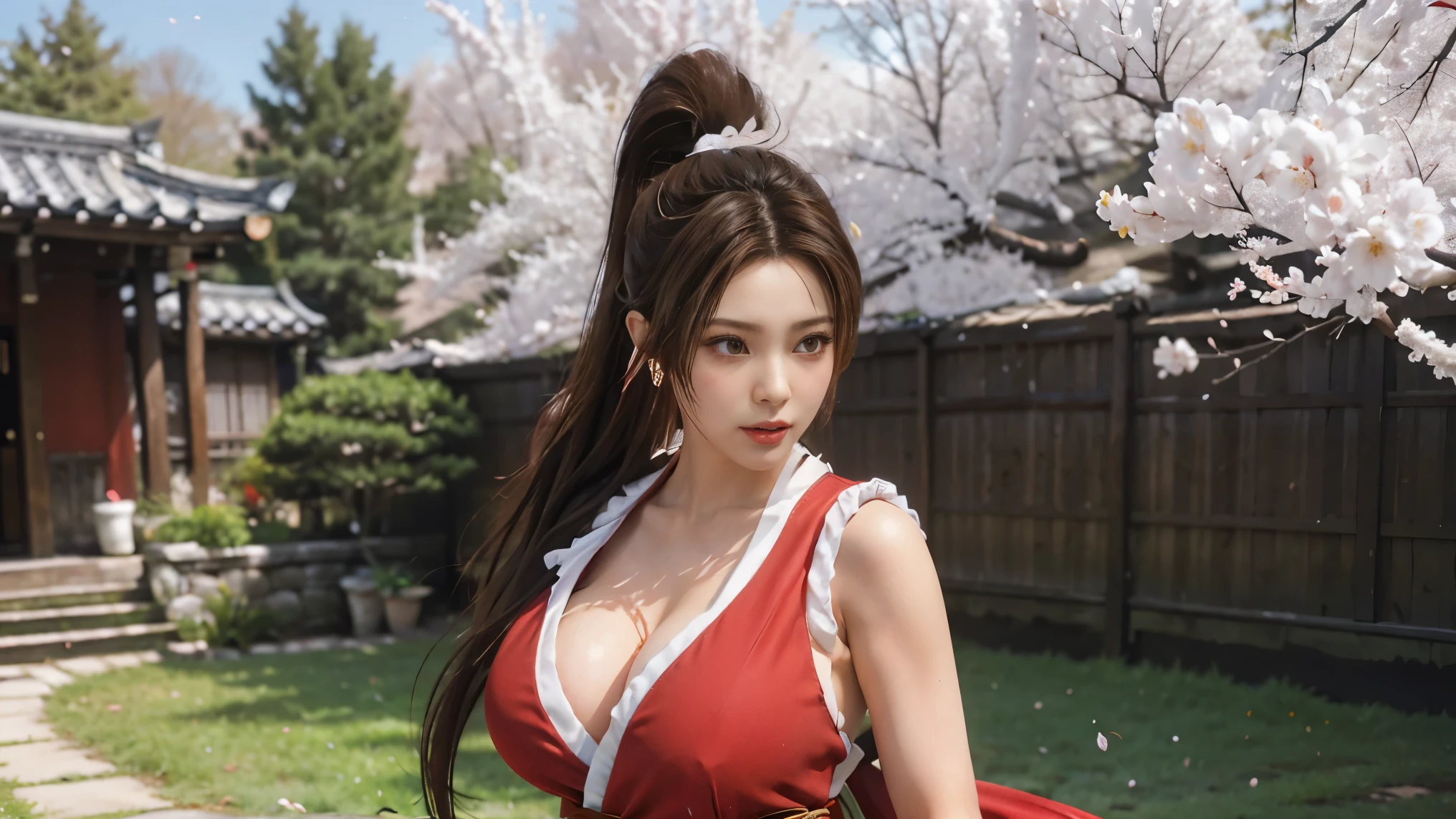 Mai Shiranui, brown eyes, Japanese beauty，微lollong hair, brown hair, (red clothes:1.3)，super huge breasts， sleeveless, ponytail, pelvic curtain, Arm guards, Gloves, or，Big breasts， seductive expression, sexy eyes, huge breasts, 微lol, charming, long hair, (breast focus:1.2), (actual:1.2),, (realism), (masterpiece:1.2), (best quality), (super detailed), (8K, 4K, complicated), (85 mm), Light particles, Light, (Very detailed:1.2), (Detailed face:1.2), Cherry blossoms(exquisite eyes:1.2), (solid color background: 1.2),(Detailed background), (Dynamic angle:1.2), (dynamic poses:1.2), (Action line:1.2), Wide-angle lens, huge breasts，big breasts，huge breasts，幸福的lol容，Lovely，lol，sakura，Cherry blossoms，monochrome background，solid color background，White background，artistic photos，Inside the studio