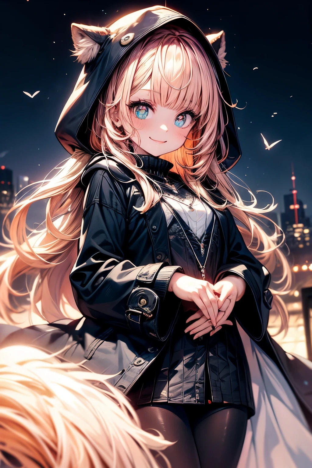((masterpeace)), ((high quality)), (((4k))), a girl, huge bast, fluffy pink hair, long hair, Having big round eyes, like anime girls face, smiling, beautiful fingers, fair skin, clear indigo eyes that seem to expand the universe in her pupils, wearing large black hooded coat, doing cute pose, She turns her palm toward us, as if inviting someone to join her, flying on beatfuly nweyork sky, dark andafew light in back grownd, midnight, beautiful night view of a big city