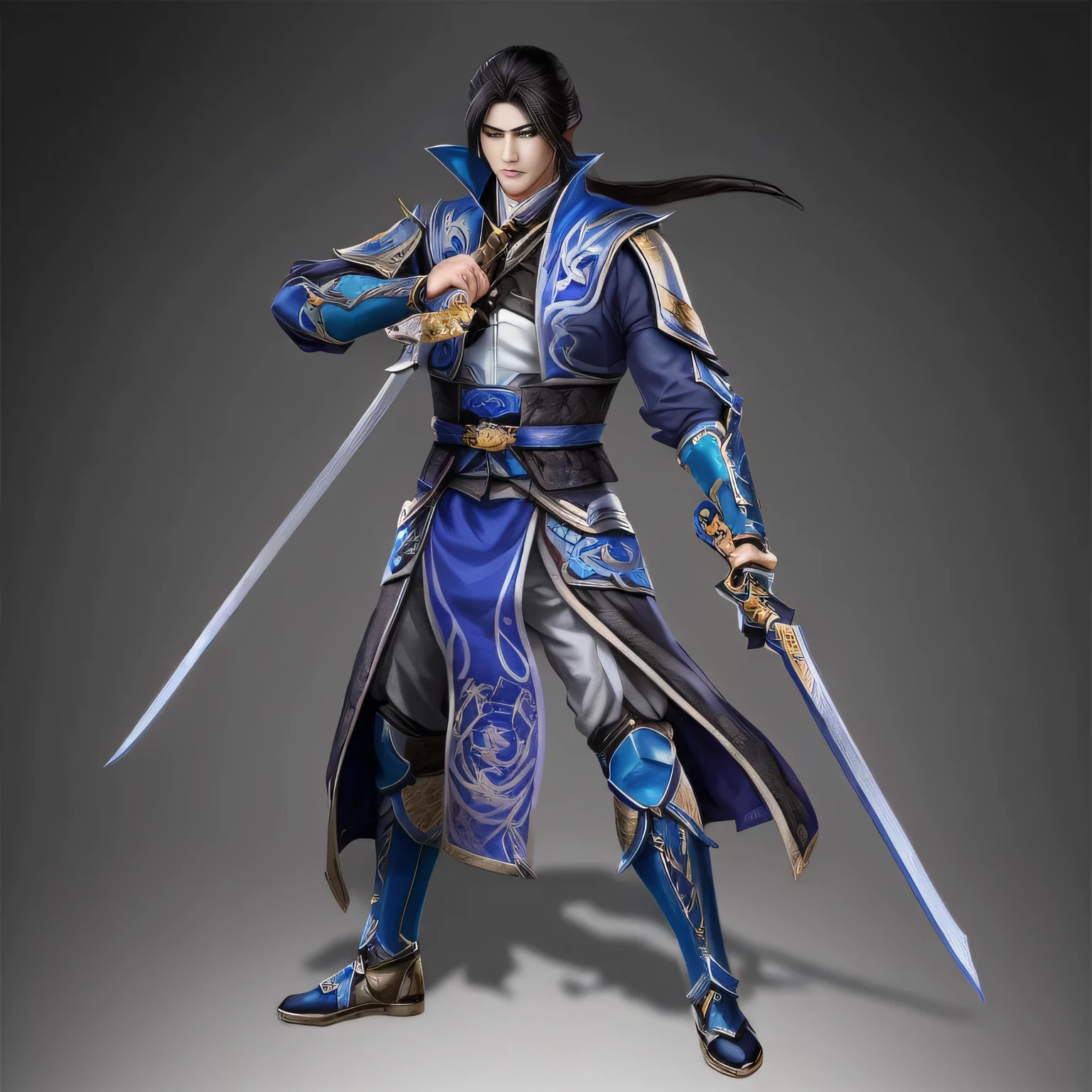 wearing blue clothing、Alafid male holding two swords, Authentic shiro, Authentic, zhao yun, Full body martial arts, heise jinyao, dynasty warriors, full body xianxia, jin shan, Taisho Rome, xianxia hero, feng shu, Inspired by Cao Zhibai, Inspired by Fan Kuan