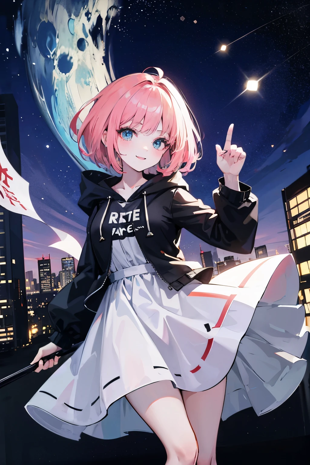 ((masterpeace)), ((high quality)), (((4k))), a girl, huge bast, fluffy pink hair, short hair, Having big round eyes, like anime girls face, smiling, beautiful fingers, fair skin, clear indigo eyes that seem to expand the universe in her pupils, wearing large black hooded coat, doing cute pose, flying on beatfuly nweyork sky, dark andafew light in back grownd, midnight, beautiful night view of a big city