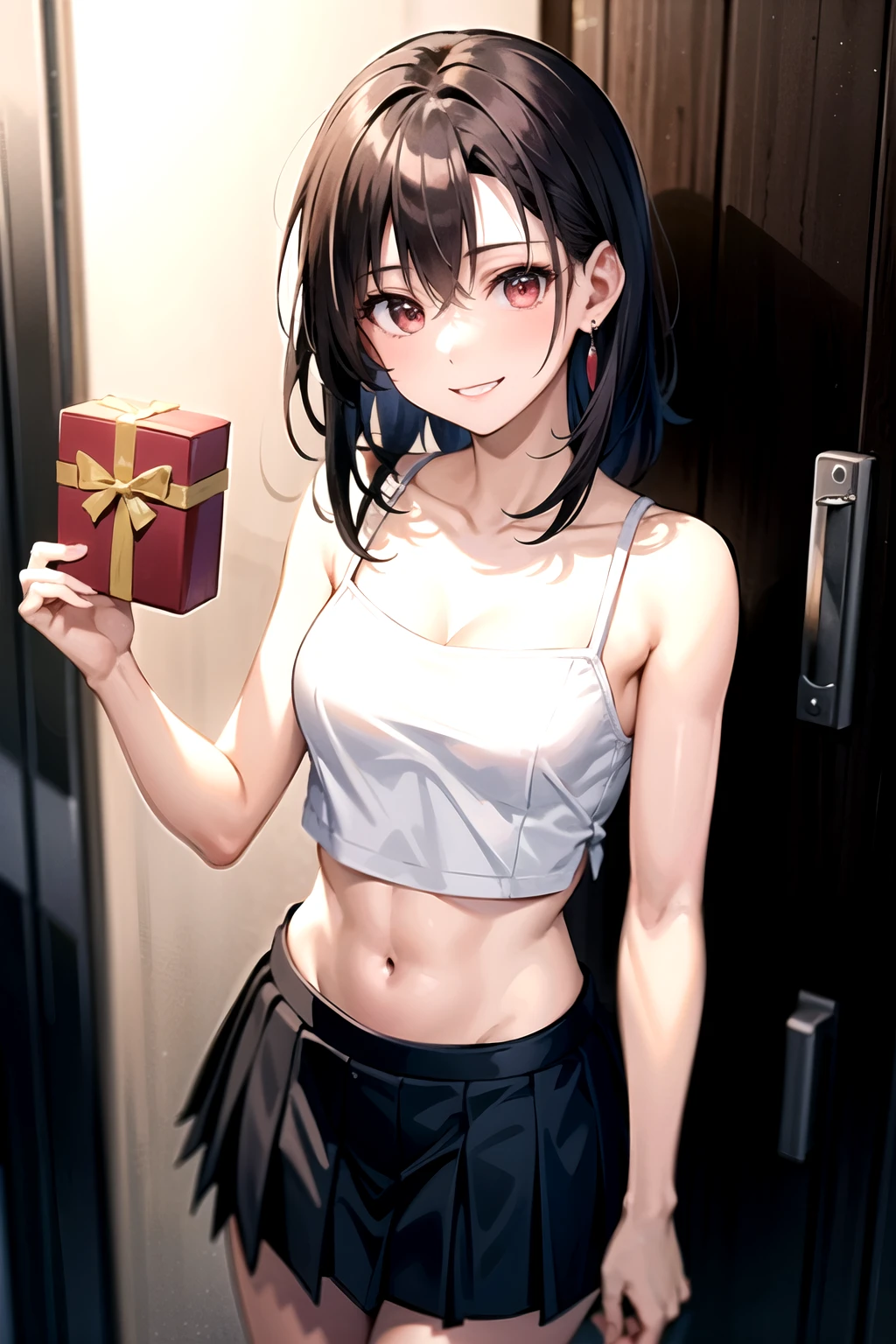 ((Masterpiece)),((High quality)),((High resolution)),((Extremely accurate and detailed representation of the human body)), Wearing a short white camisole on the upper body, gray pleated skirt on the lower body, exposing the navel. Holding a present box in the left hand. Medium-length hair, narrow-eyed, slim, small-chested woman of 25 years old, with a triumphant smile.