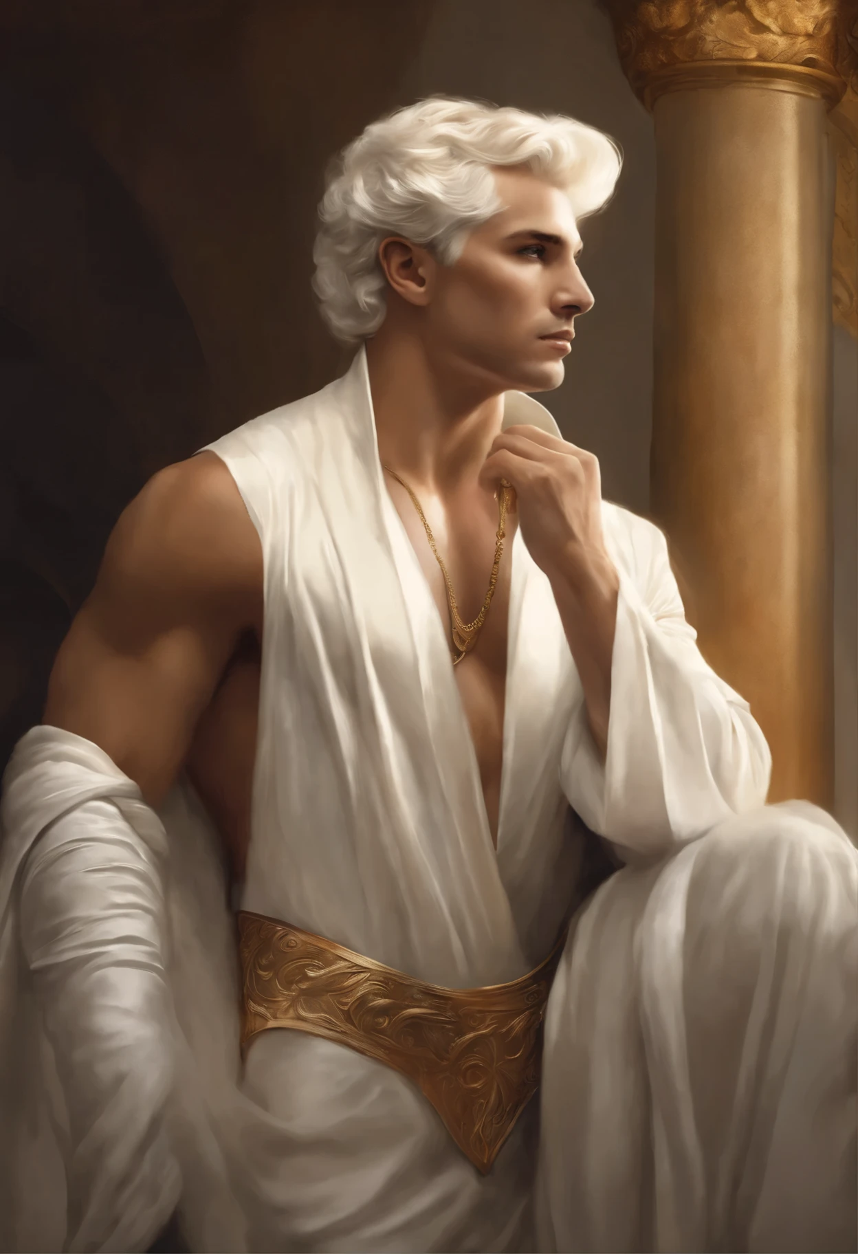 (cabello blanco), (((short white hair)))Retrato de un Dios elegante, hermoso y poderoso que desata todos sus poderes, Pintura Digital in the style of Robert Liberace, Dynamic action poses of the robust god Zeus, Zeus es el dios del cielo y del trueno, pelo blanco , male, old, elegante, parte superior del cuerpo, muscular, torso peludo, Fancy, intrincado, elegant, muy detallado, Pintura Digital, art station, arte conceptual, Suave, sharp focus, illustration, arte de Robert Liberace, Gastón Bussiere and Alphonse Mucha, klimt, Arte deco
