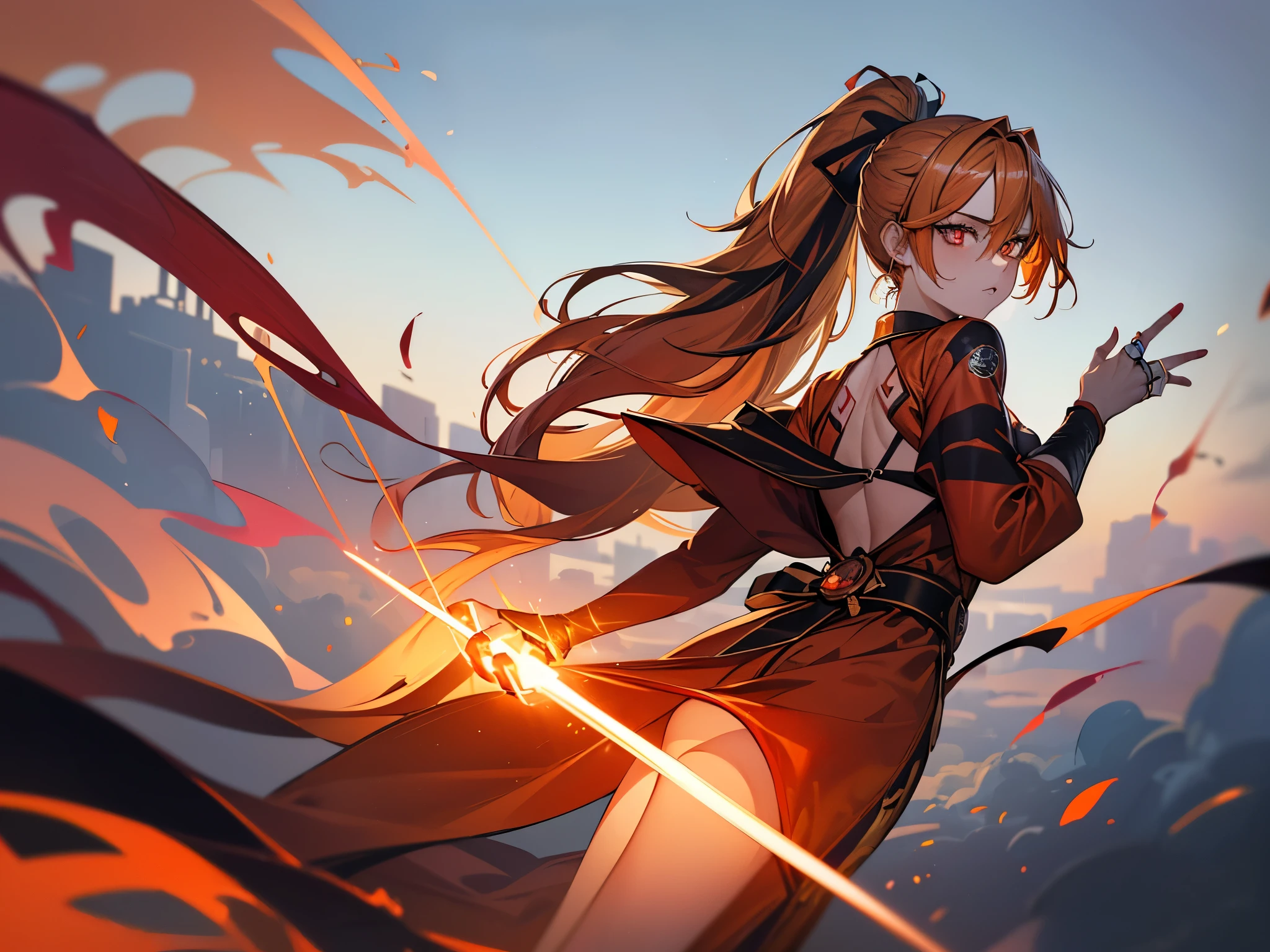 a  girl, (blonde hair gradient orange hair end:1.4), (streaked bright red hair:1.6), split long ponytail, hair strand, floating hair, (two huge red bells tied to ponytail), (Illusion red eyes), pupils sparkling, aqua eyes, ((glowing eyes)), like real eyes, orange red eyebrows, red lips, red crystal earrings, red envelope jacket, Red nails, (Red katana), (((floating flame on katana))), (absurdly super huge flame burning ring stand upright floating on the back:1.5), (((Floating in the sky of the city))), (((Floating on the clouds))), Random pose, magic circle halo, Colored grain swirl around the body, burning flame around the body, Focus on face, Futurism, anime, sparkle, ray tracing, reflection light, god rays, backlighting, (glowing light), Ultra-Wide Angle, chiaroscuro, UHD, masterpiece, super detail, best quality, highres, ccurate, retina