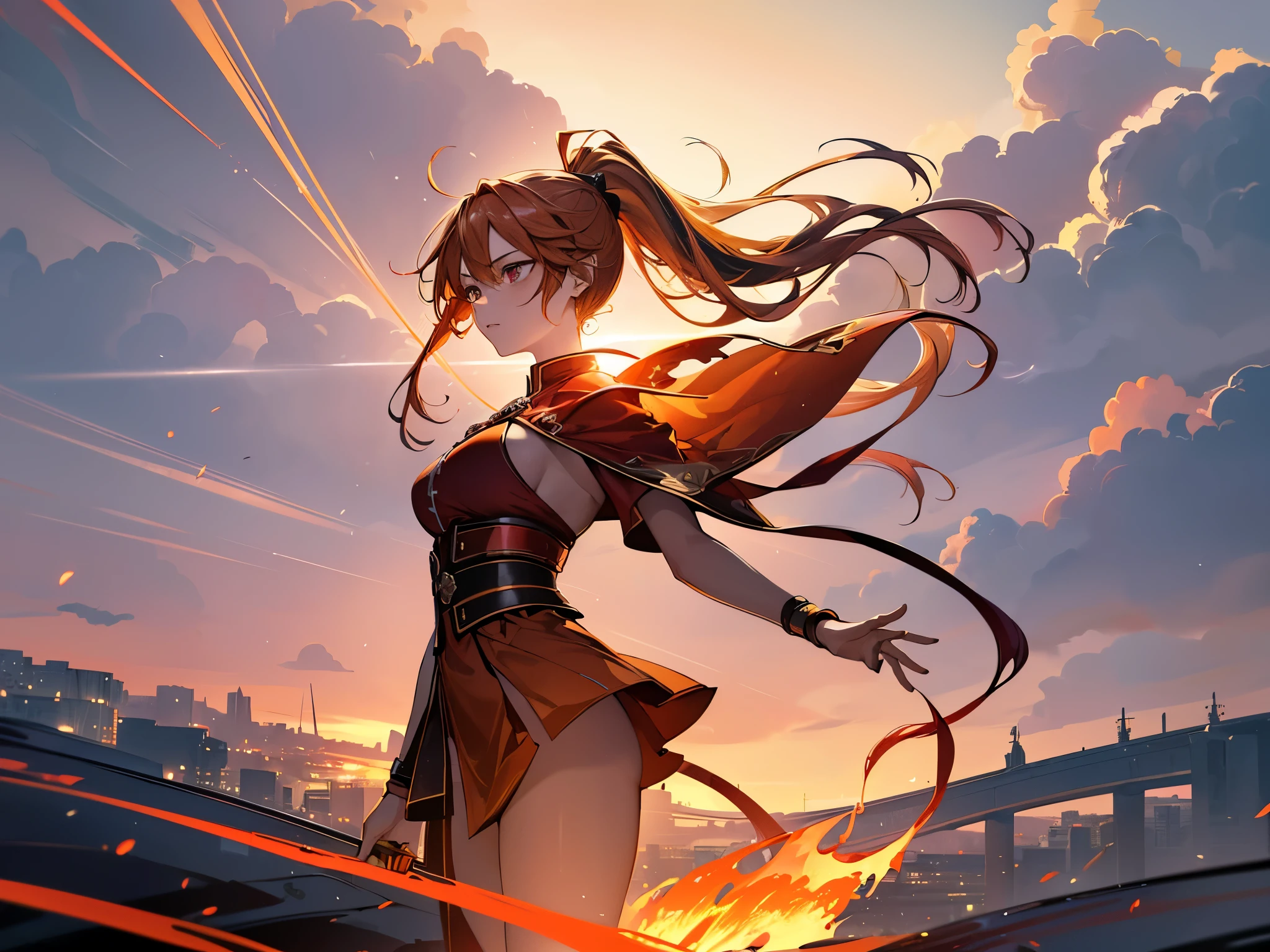 a girl, (blonde hair gradient orange hair end:1.4), (streaked bright red hair:1.6), split long ponytail, hair strand, floating hair, (two huge red bells tied to ponytail), (Illusion red eyes), pupils sparkling, aqua eyes, ((glowing eyes)), like real eyes, orange red eyebrows, red lips, red crystal earrings, red envelope jacket, Red nails, (Red katana), (((floating flame on katana))), (absurdly super huge flame burning ring stand upright floating on the back:1.5), (((Floating in the sky of the city))), (((Floating on the clouds))), Random pose, magic circle halo, Colored grain swirl around the body, burning flame around the body, Focus on face, Futurism, anime, sparkle, ray tracing, reflection light, god rays, backlighting, (glowing light), Ultra-Wide Angle, chiaroscuro, UHD, masterpiece, super detail, best quality, highres, ccurate, retina