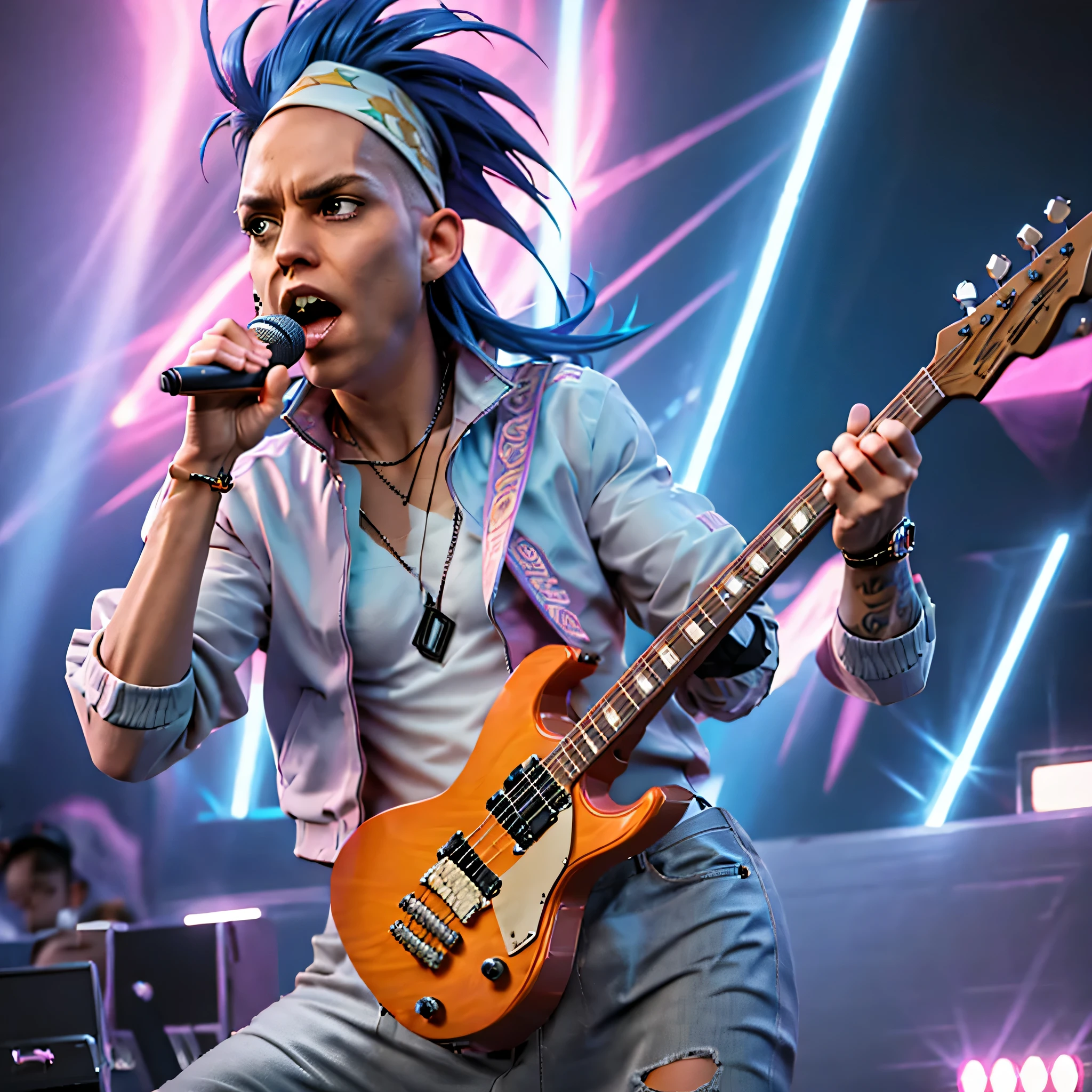 coopie, 1boy, a 1980s glam rock heavy metal singer with long multi-colored hair, a purple leather bikers jacket with a white v-neck t-shirt underneat, neck tattoos, face tattoos, tattoo sleeve, ripped torn jeans, snarled lip, screaming into the microphone, on concert stage, microphone stand has a bunch of bandanas and panties tied to it, spiked hair, leaning forward, looking down at the crowd, holding pink electric guitar, multicolored hair, Surrealism, high detail, cinematic lighting, depth of field, motion blur, chromatic aberration, sparkle, god rays, glowing light, backlighting, UHD, masterpiece, ccurate, anatomically correct, super detail, best quality, 8k