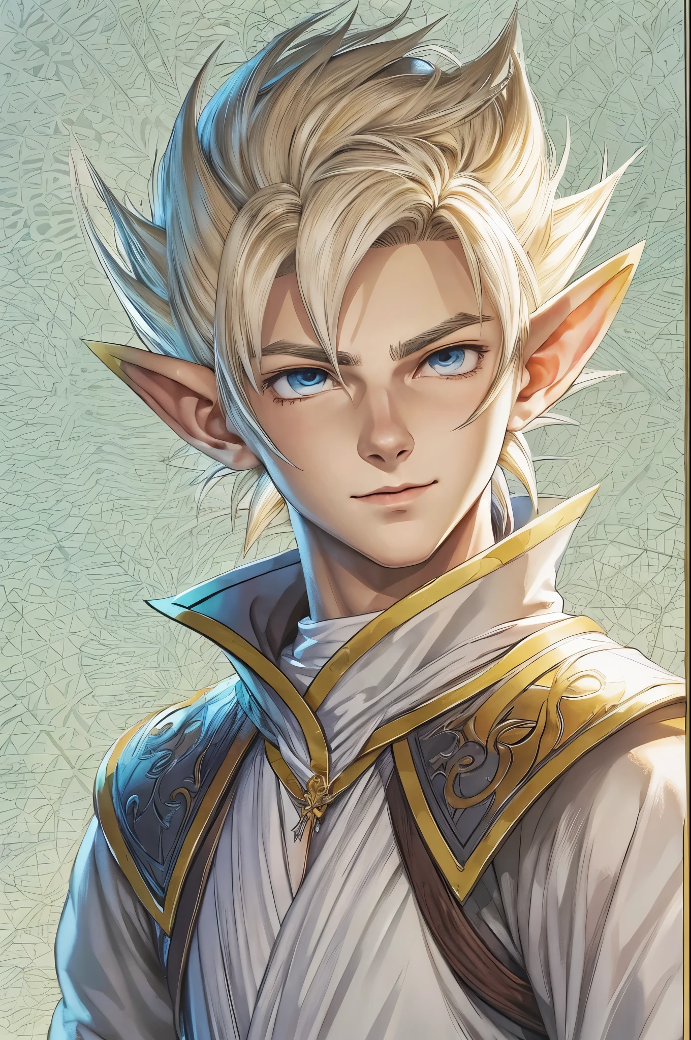 (master piece), 8k, best quality, full body view, elf boy, childlike appearance, male, teenager, 14 years old, 1.70 meters tall, white skin, thin body, pointed elf ears, beautiful eyes finely detailed silver color, high forehead, spiky yellow blonde hair like Gohan from the anime dragon ball (super saiyan), incredibly handsome, smiling, conservative elven outfit, conservative posture, talking