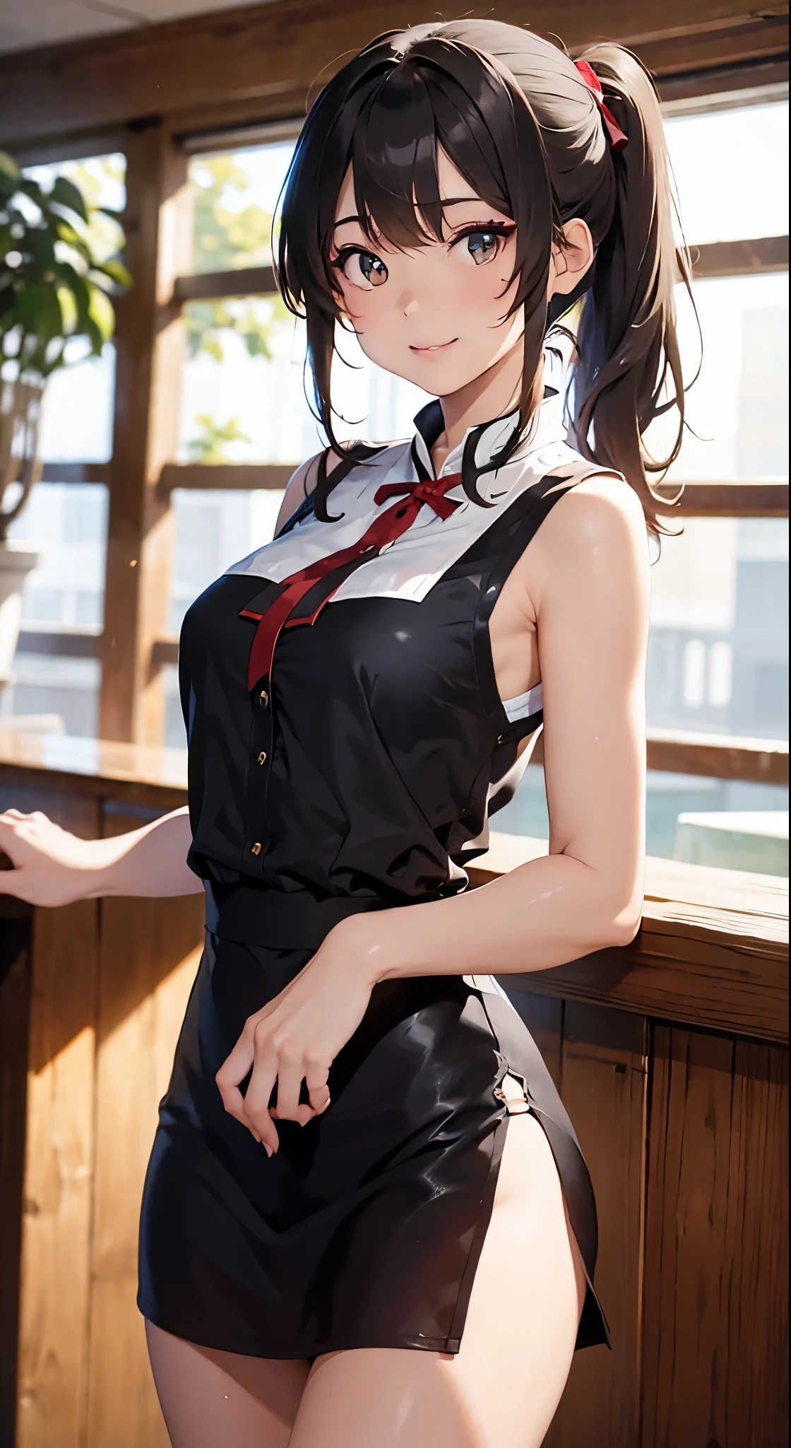 (highest quality、8K、masterpiece、nffsw:1.2)、Three 19-year-old slender beauties lined up,Flashy makeup with red eyeshadow,double eyelid,delicate mid-cut ponytail,sexy cheongsam and silk miniskirt,best smile,She is wearing a sexy short colorful cheongsam。。,Chinese dress with deep slit,draw hands correctly,The background is the bright interior of a Chinese restaurant...,