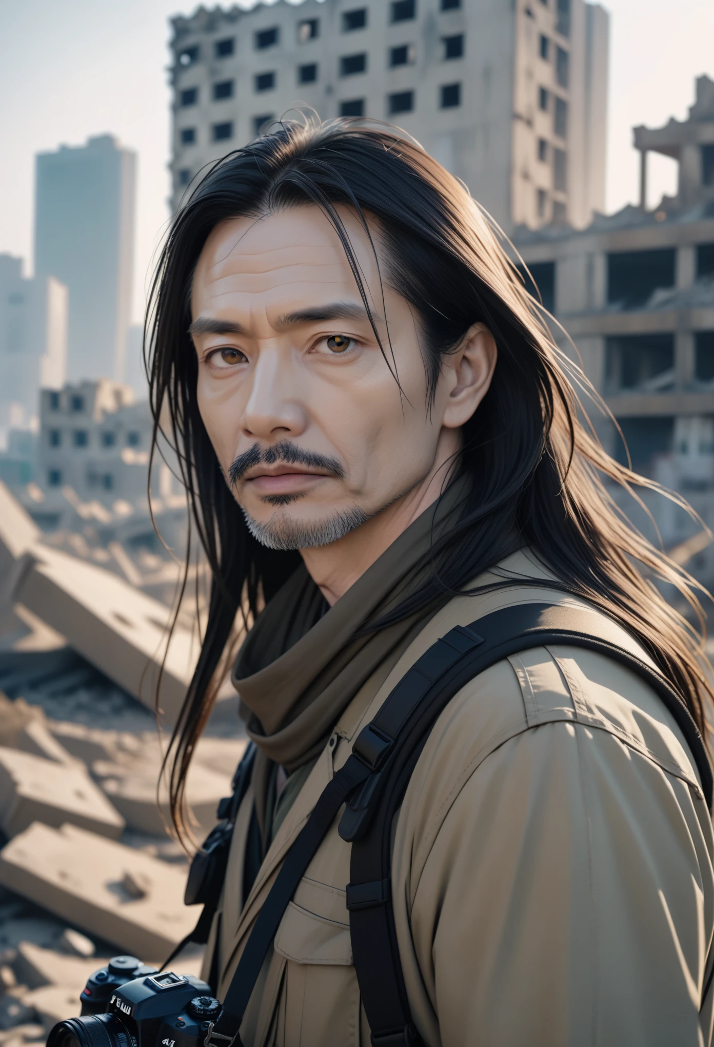 original photo, A brutal close-up portrait photo of a 45-year-old.oh，Man in wasteland clothes, long hair, pale skin, slim, City ruins in the background, (High detail skin:1.2), 8K Ultra HD, DSLR camera, soft light, high quality, film grain, Fuji XT3  