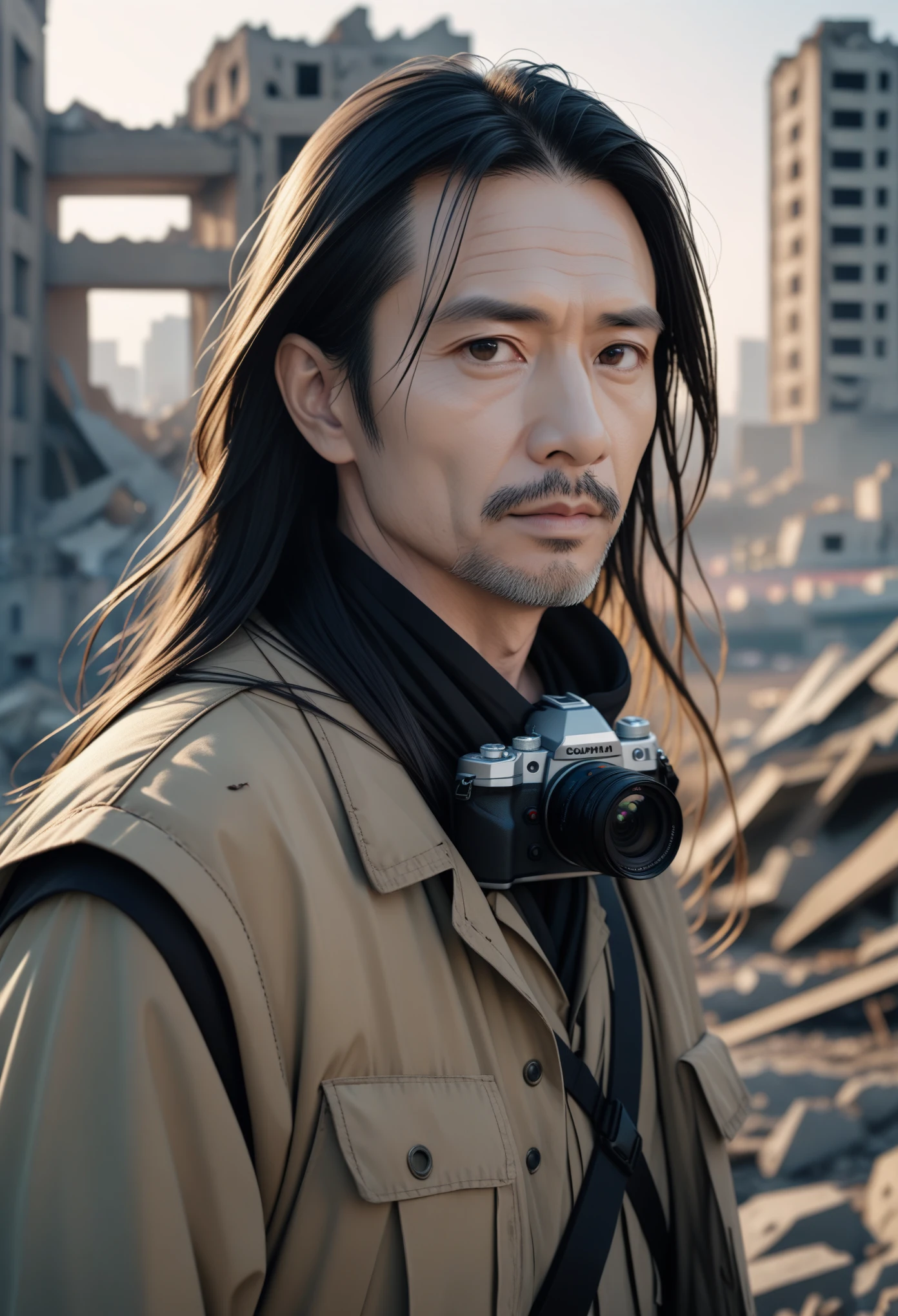 original photo, A brutal close-up portrait photo of a 45-year-old.oh,Man in wasteland clothes, long hair, pale skin, slim, City ruins in the background, (High detail skin:1.2), 8K Ultra HD, DSLR camera, soft light, high quality, film grain, Fuji XT3