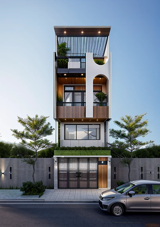 (masterpiece),(high quality), best quality, real,(realistic), super detailed, (full detail),(4k),8k,modern house exterior design,Modern architecture,Beautiful_sky,Day light, no_humans, outdoors,sky,tree,Garden flower front of building
