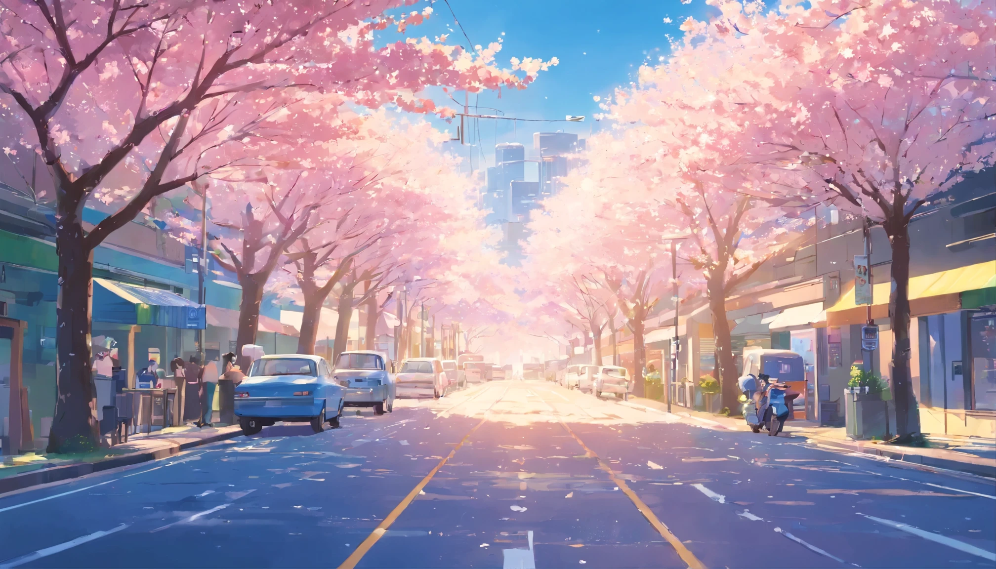 makoto shinkai,makoto shinkai'style,cherry blossoms,city,makoto shinkai's style,Japanese,cherry blossoms並木,Wide national highway,a lot of cars