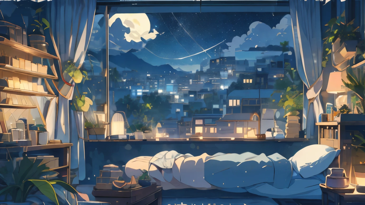 (masterpiece:1.2), highest quality,pixiv,cozy animation scene,
vision, night, window, there are no humans, null, plant, night null, pillow, cityscape, bed, star (null), Book, Chair, cloud, Bookshelf, city, lamp, building, internal, potted plant, starry null, city lights, curtain, nullscraper, shelf, bedroom, watermark,
 