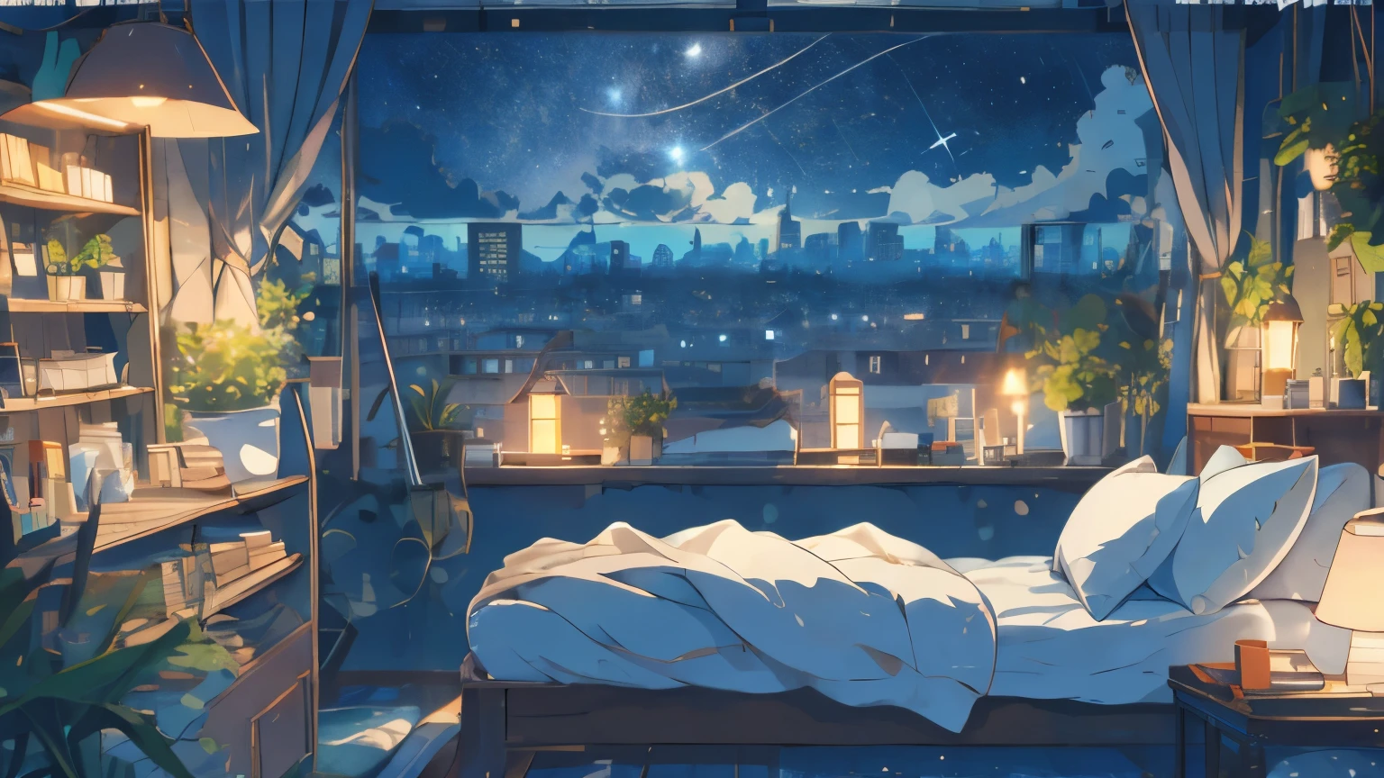 (masterpiece:1.2), highest quality,pixiv,cozy animation scene,
vision, night, window, there are no humans, null, plant, night null, pillow, cityscape, bed, star (null), Book, Chair, cloud, Bookshelf, city, lamp, building, internal, potted plant, starry null, city lights, curtain, nullscraper, shelf, bedroom, watermark,
 