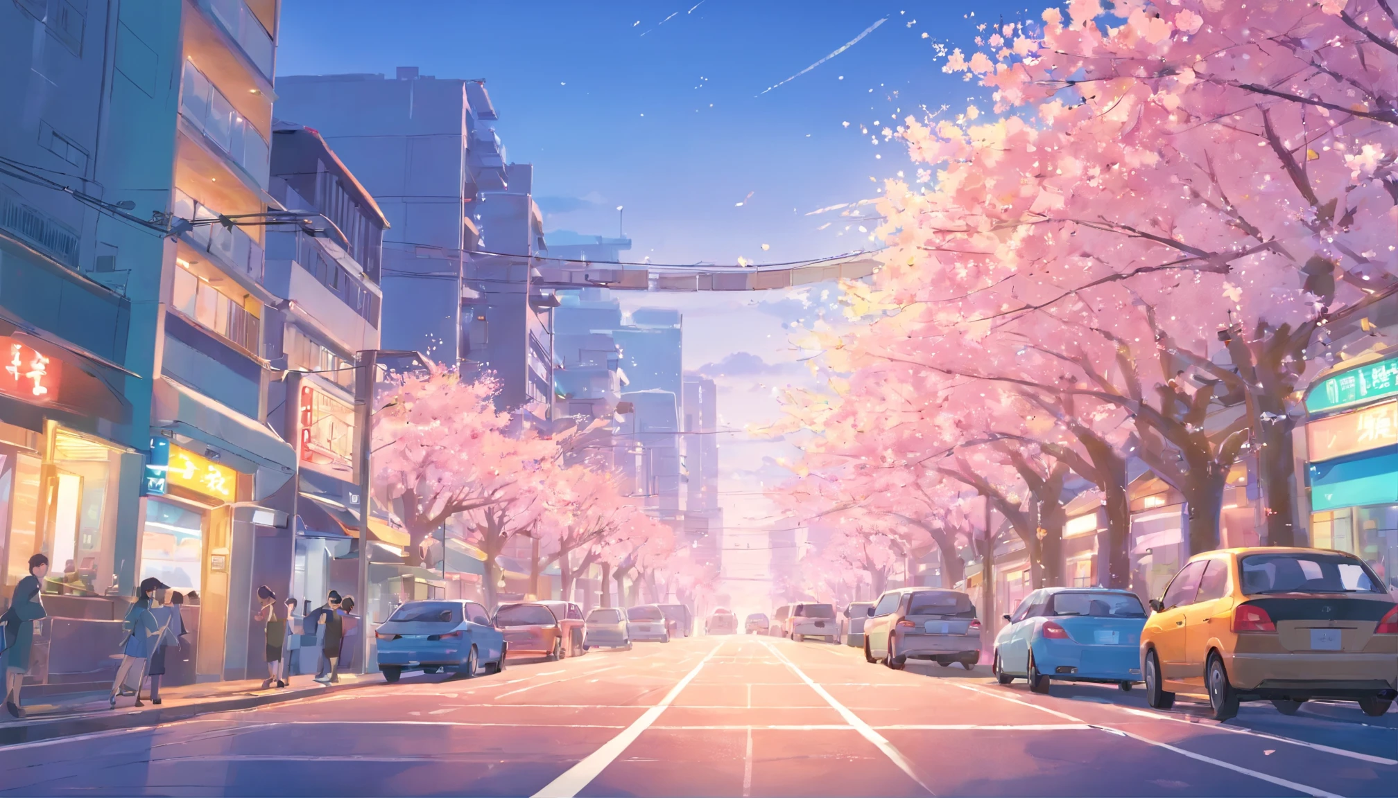 makoto shinkai,makoto shinkai&#39;style,cherry blossoms,city,makoto shinkai's style,Japanese,cherry blossoms並木,Wide national highway,a lot of cars