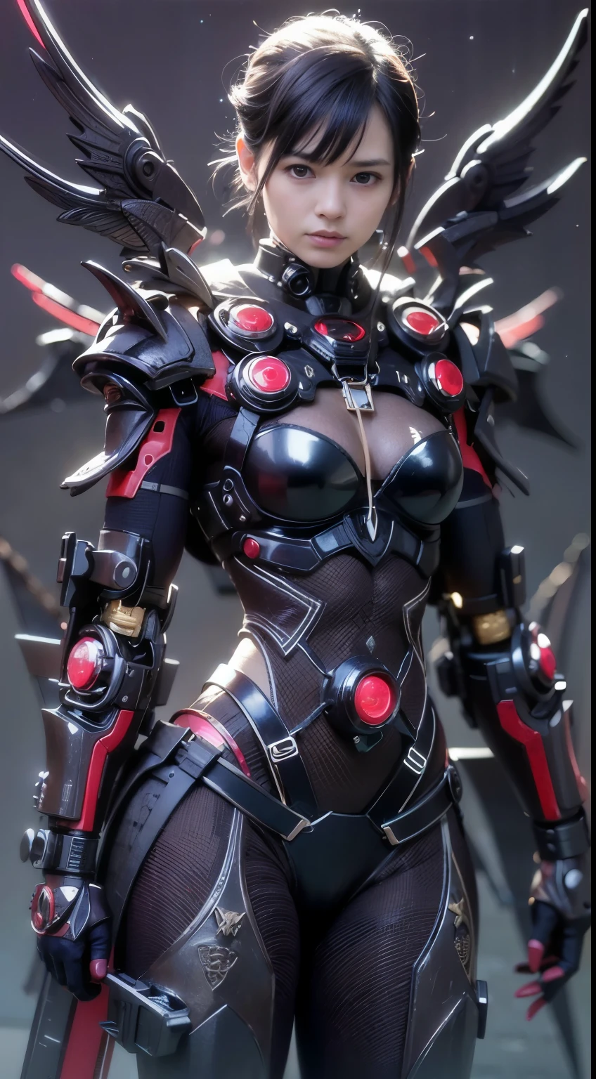 (top-quality:1.2, masterpiece)、ultra high resolution、extremely ultra surrealism, (Photorealsitic:1.4)、Raw photo、Steampunk Battle Cyborg fallen angel、large wings made of metal、black porcelain body、red hair、glowy skin、1 Cyborg boy、japanese, extremely handsome face, ((super realistic details))、portrait、globalillumination、Shadow、octan render、8K、ultrasharp、character edge light、Details of complex ornaments、Acrylic Clear Cover、Sumerian details、Hydraulic cylinder、Small LED lamp、highly intricate detail、Realistic light、a purple eye、radiant eyes、Facing the camera、neon details、cowboy shot、Futuristic headgear、About Cyberpunk